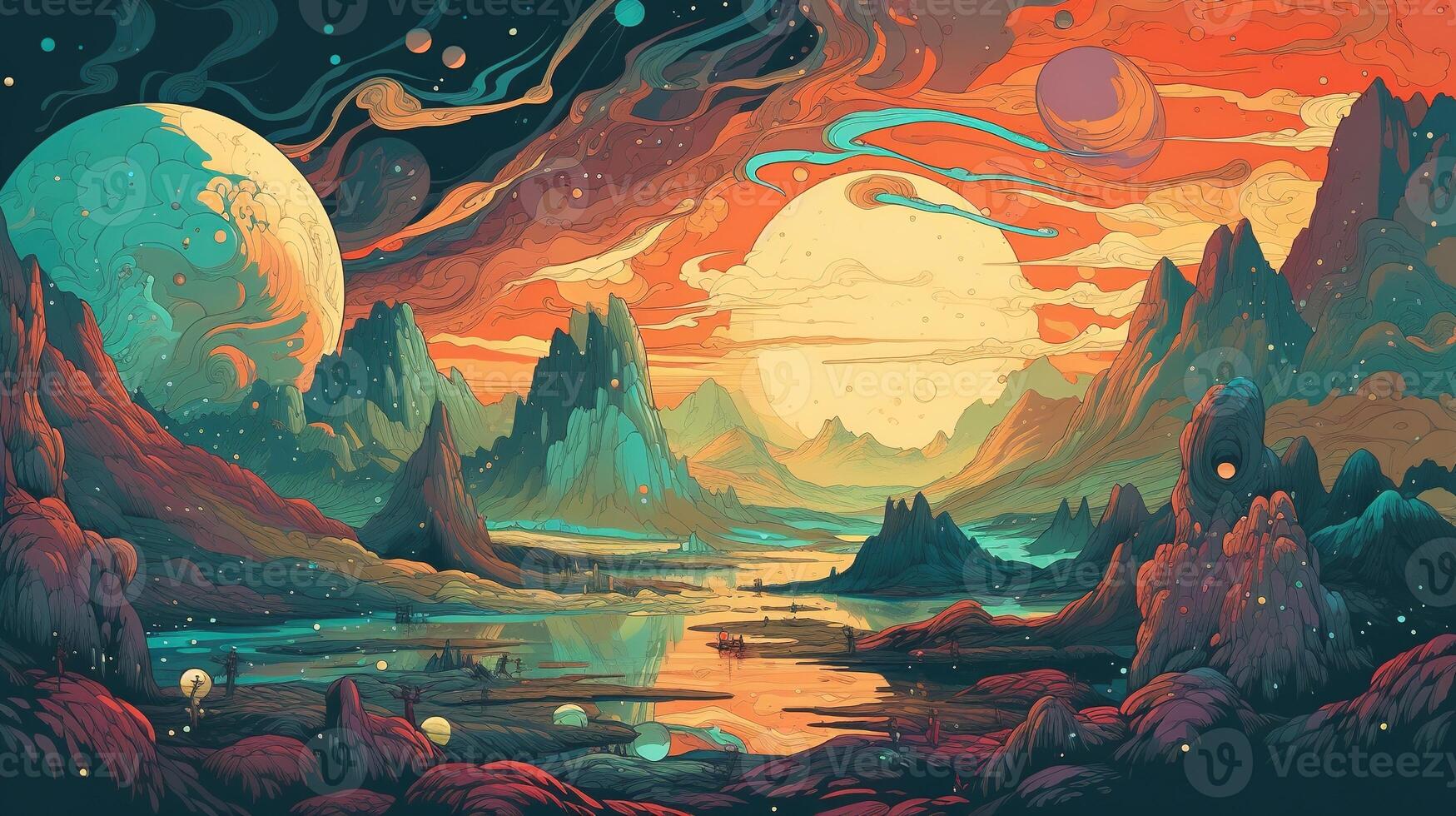 , Psychedelic Space banner template in anime manga line art style. Horizontal illustration of the future landscape with mountains, planets, trees, moon. Surrealist escapism concept. photo
