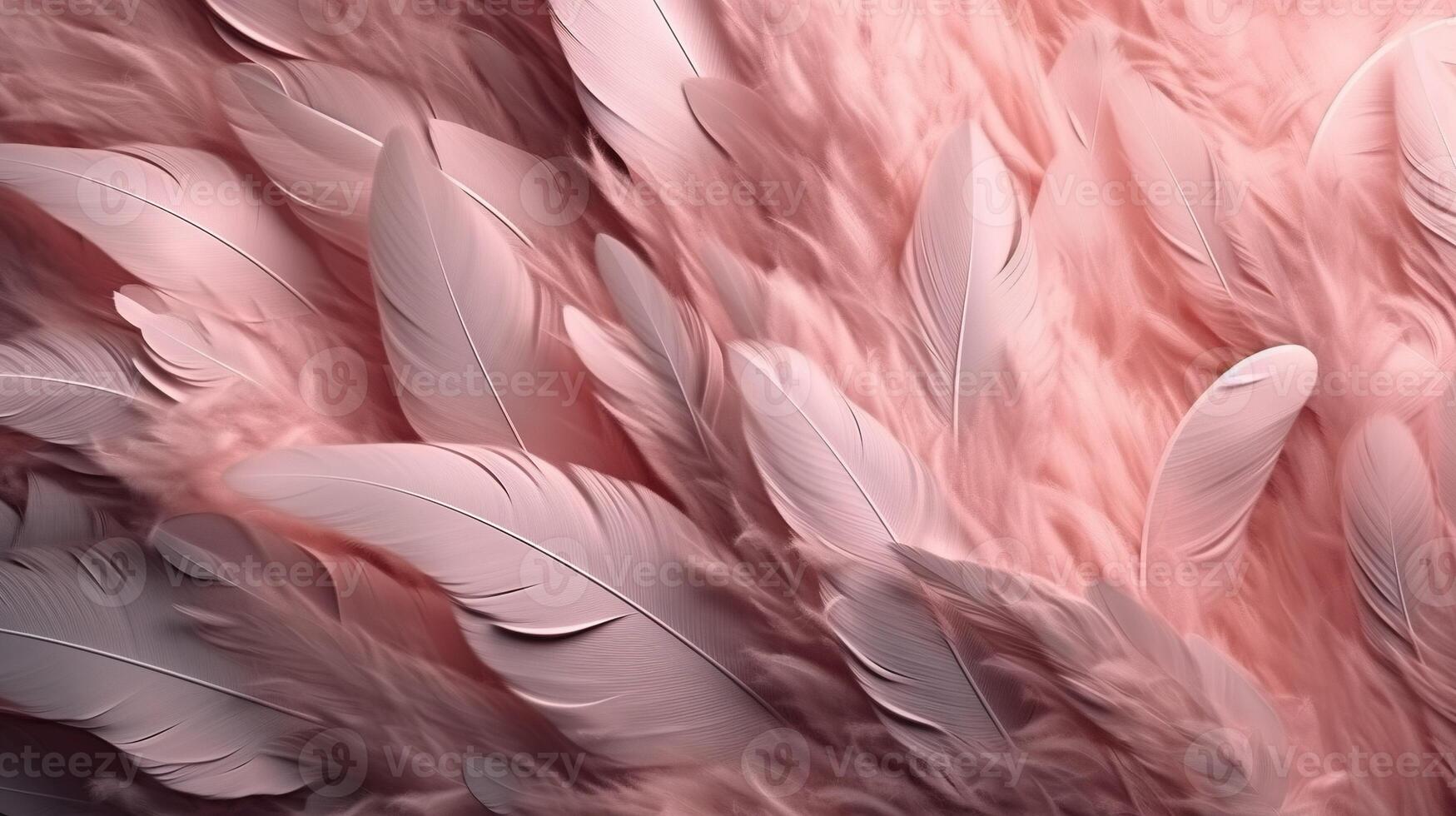 , Beautiful light pink closeup feathers, photorealistic background. Small fluffy pink feathers randomly scattered forming photo