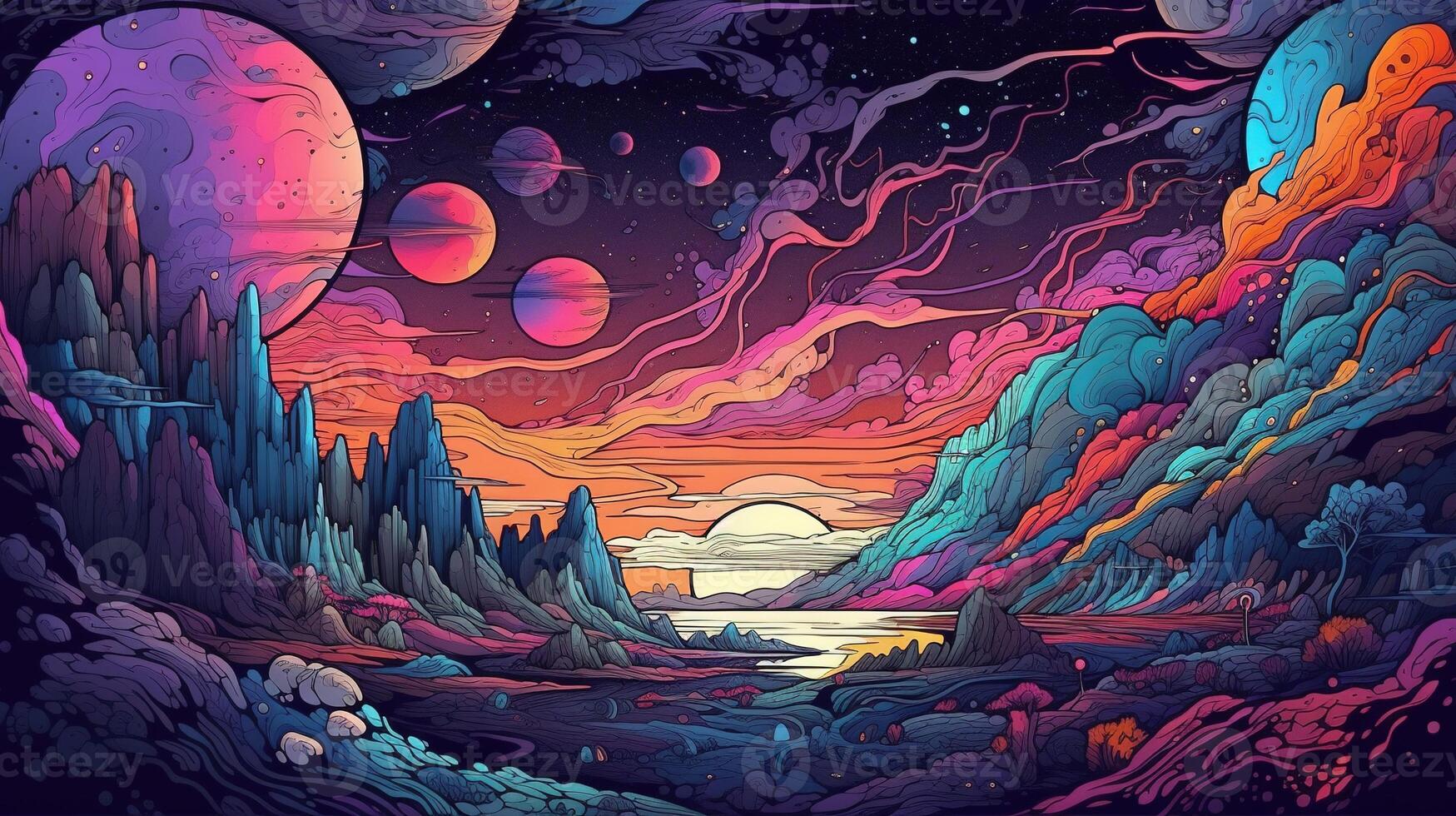 , Psychedelic Space banner template in anime manga line art style. Horizontal illustration of the future landscape with mountains, planets, trees, moon. Surrealist escapism concept. photo
