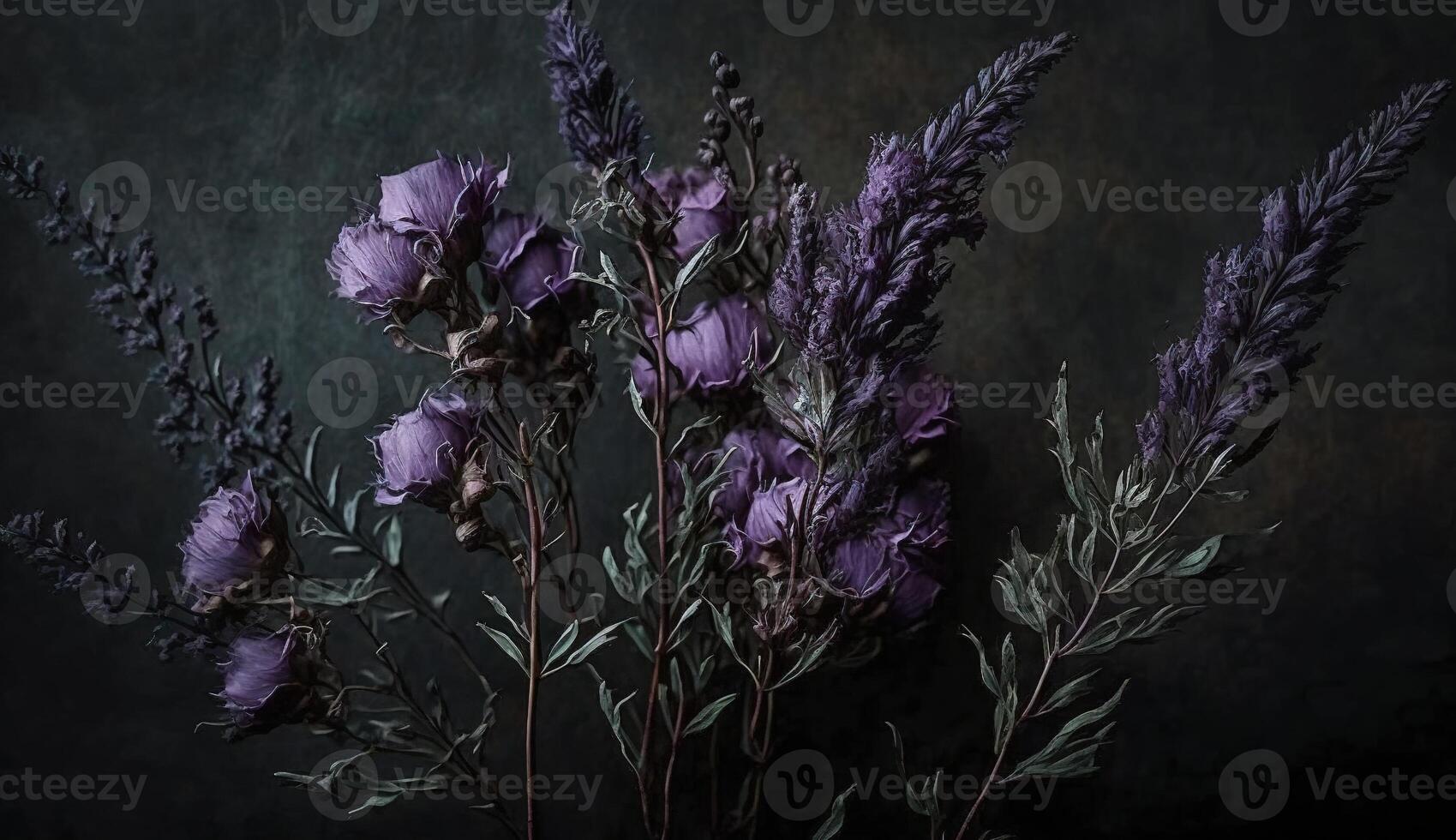 generativo ai, cerca arriba de floreciente Camas de flores de increíble lavanda púrpura flores en oscuro temperamental floral texturizado antecedentes. fotorrealista efecto. foto