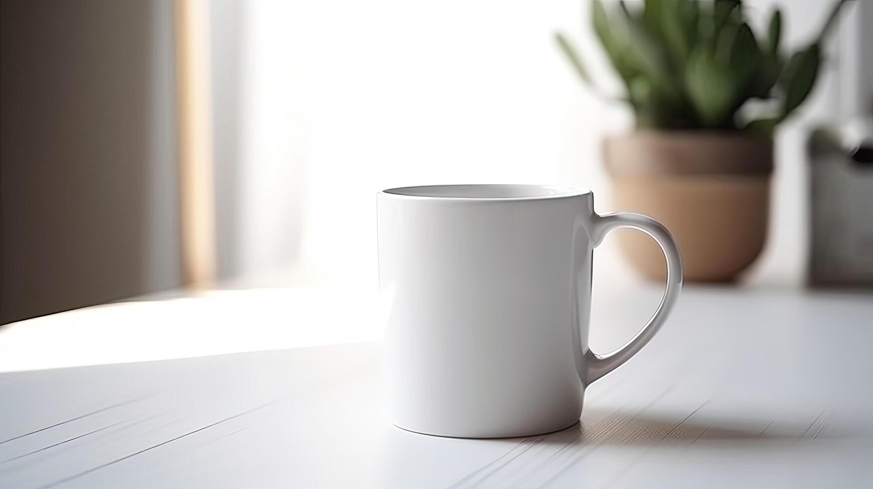 , White ceramic cup set-up in at home interior, mug mock up blank. photo