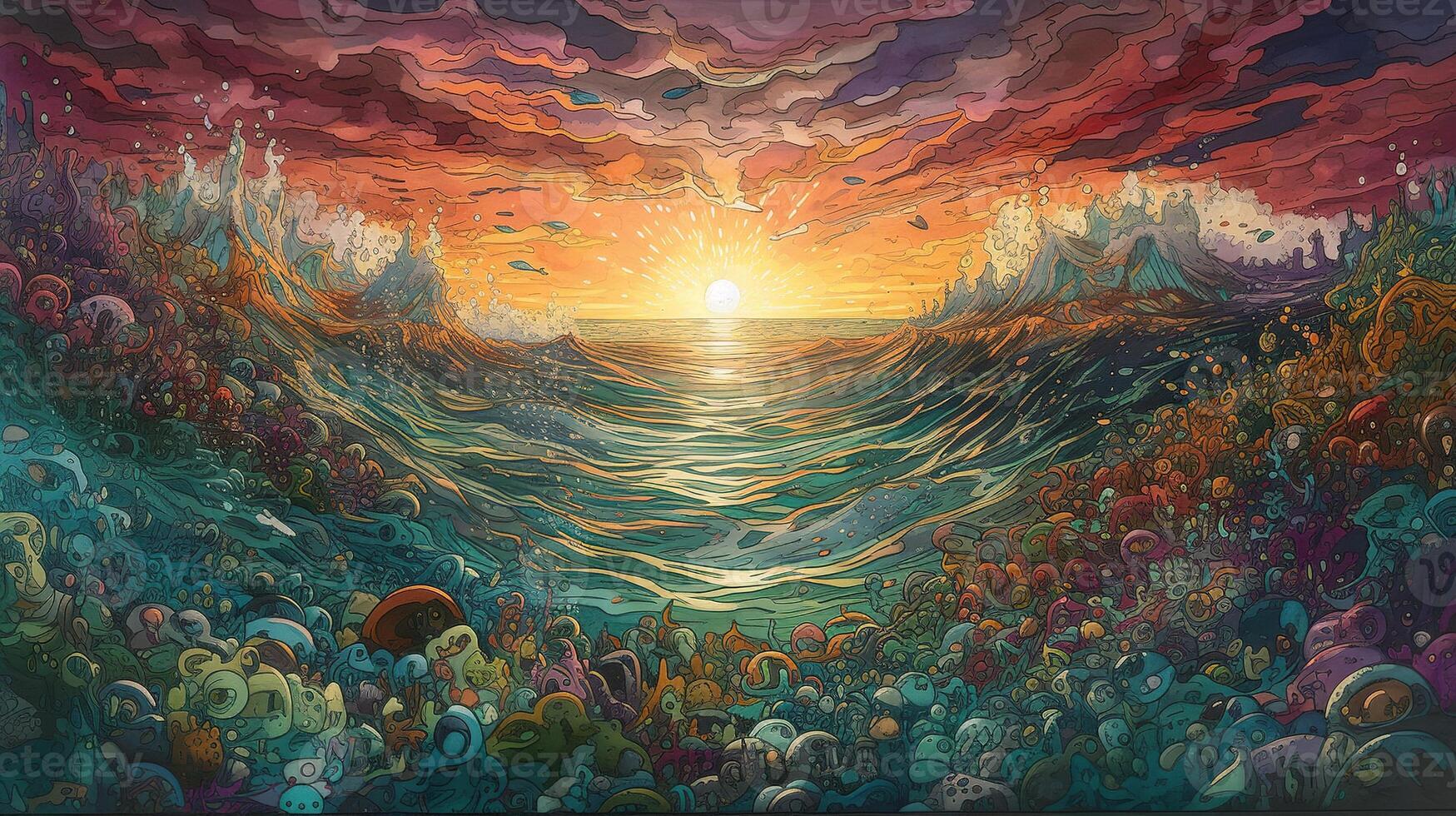 , ocean in the sunset linear illustration, psychedelic manga style, highly detailed. Anime colorful style photo