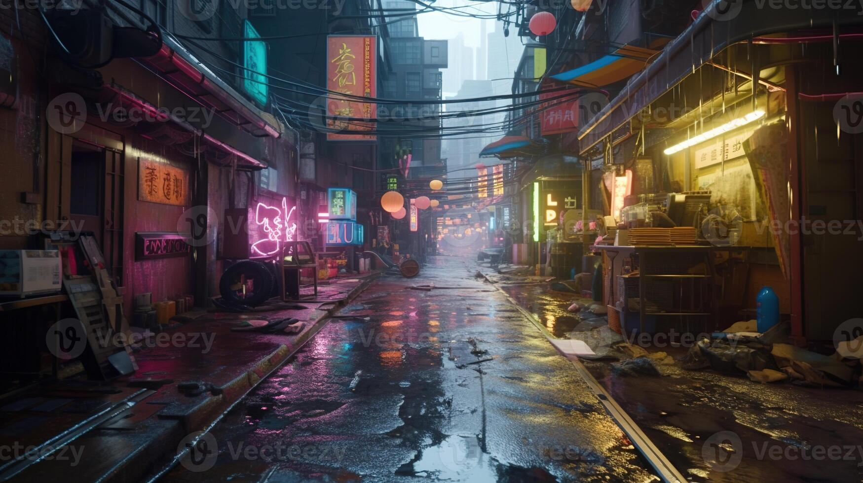 , Night scene of after rain city in cyberpunk style, futuristic nostalgic 80s, 90s. Neon lights vibrant colors, photorealistic horizontal illustration. photo