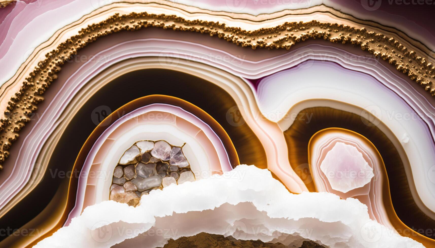 , natural volcanic agate stones close-up light pink magenta and golden texture. Wallpaper background, quartz marble, decorative rock pattern photo