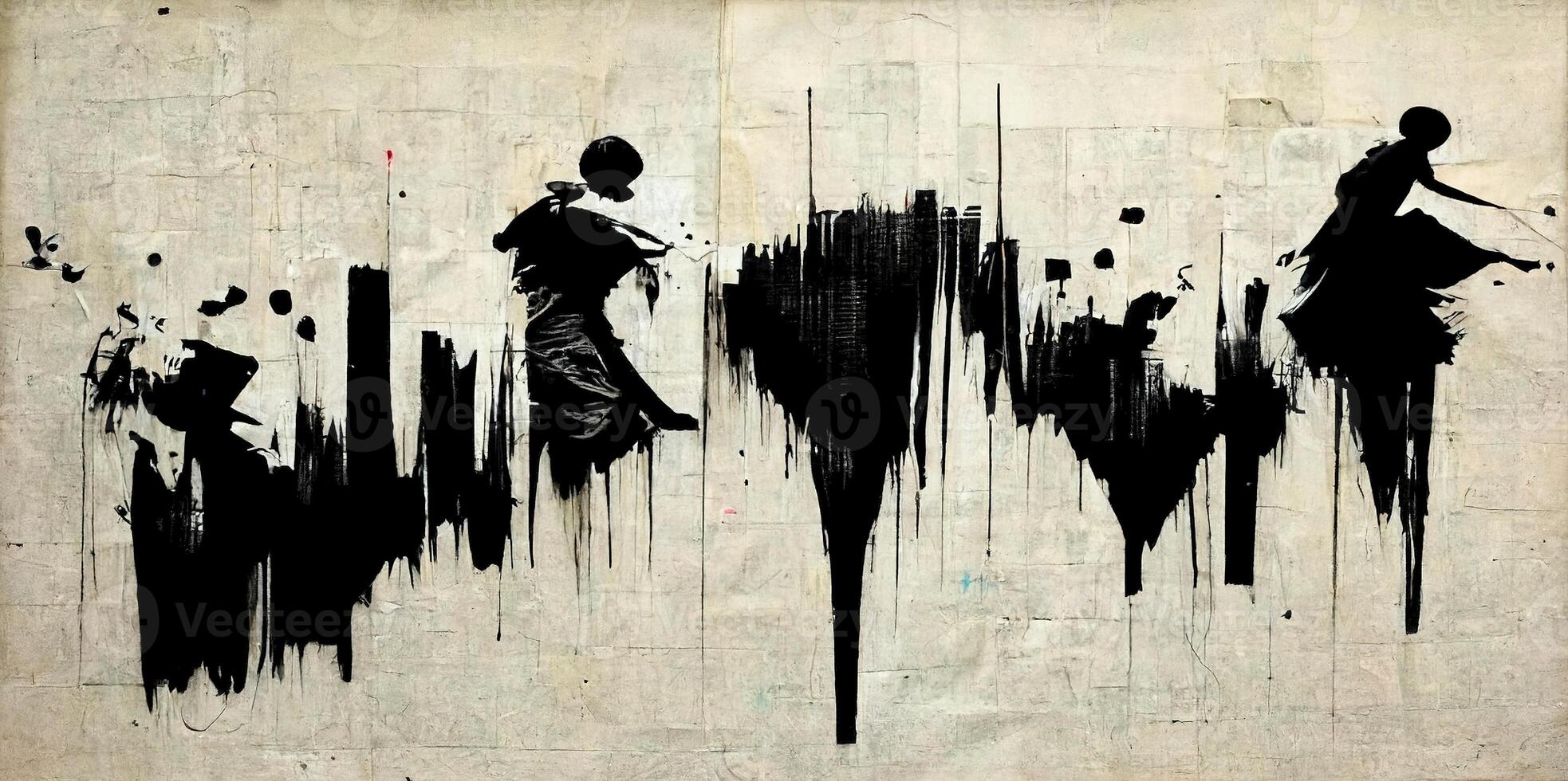 , Ink black street graffiti art on a textured paper vintage background, inspired by Banksy. photo