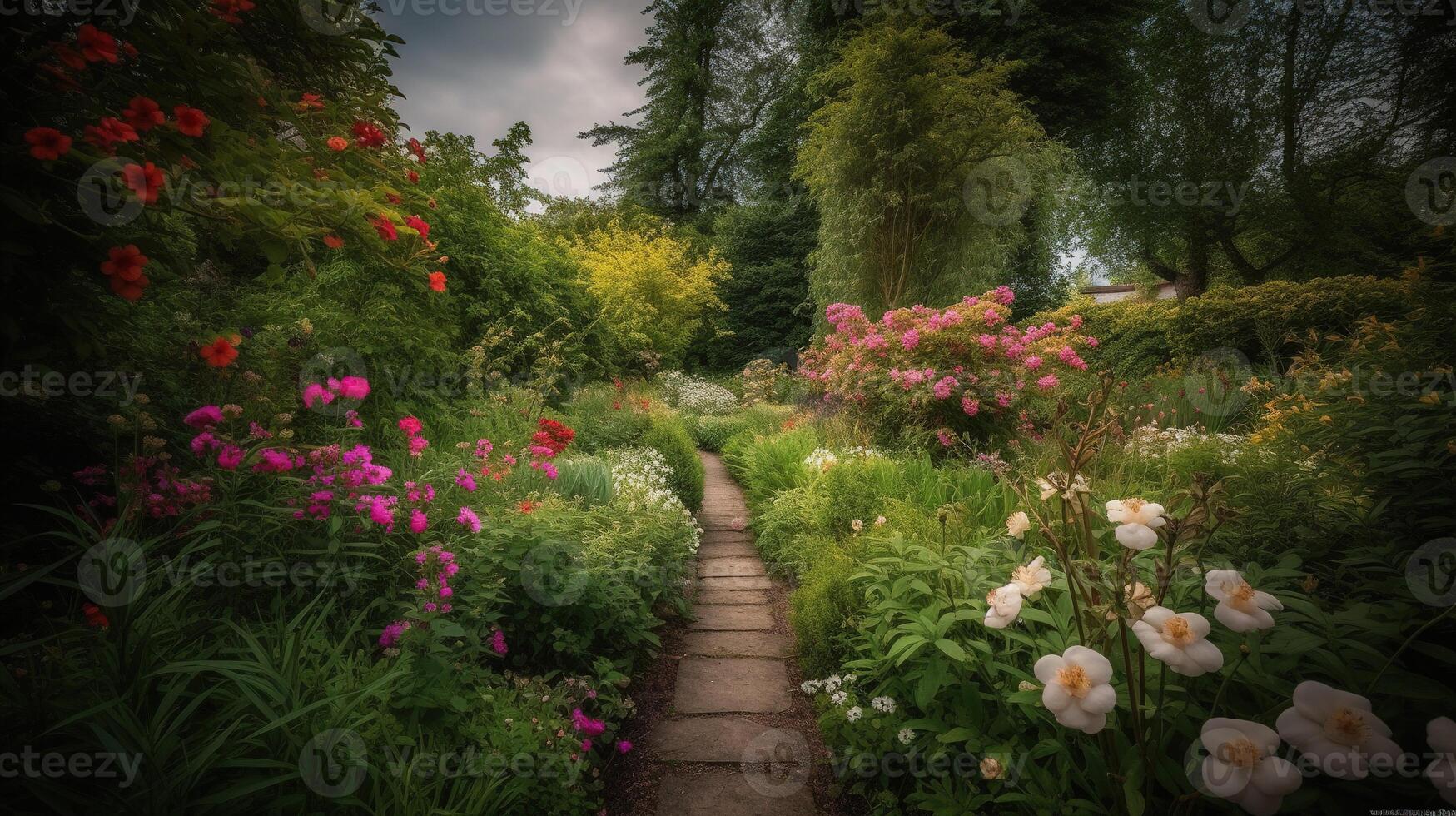 generativo ai, hermosa verano privado jardín con muchos flores y plantas, naturaleza paisaje, Inglés campo cabaña estilo foto