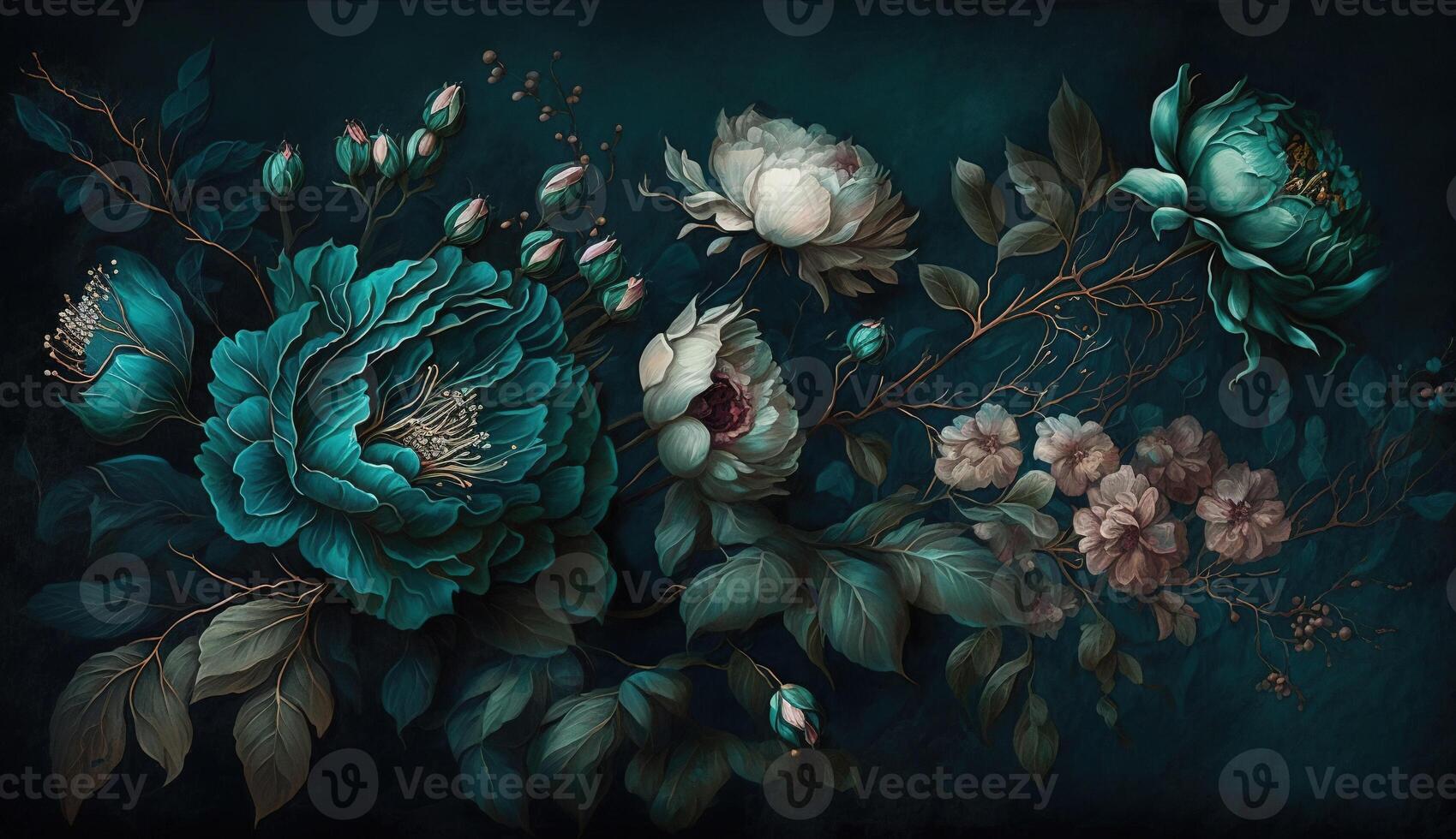, Close up of blooming flowerbeds of amazing teal flowers on dark moody floral textured background. Photorealistic effect. photo