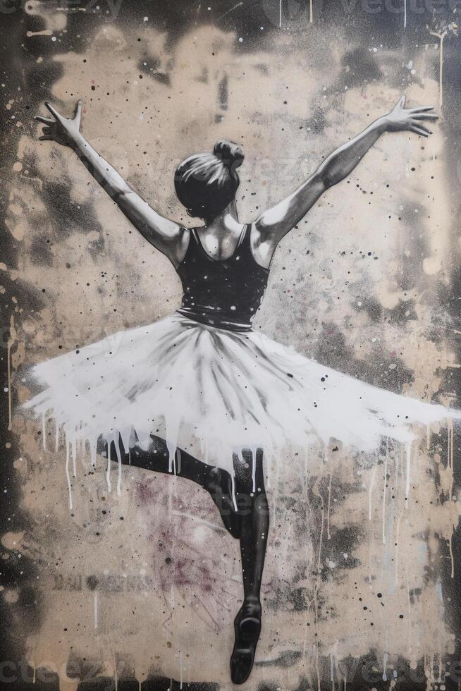 , Dancing woman or girl, dynamic motion. Ink paint colorful splashes street graffiti art on a textured paper vintage background, inspired by Banksy. photo