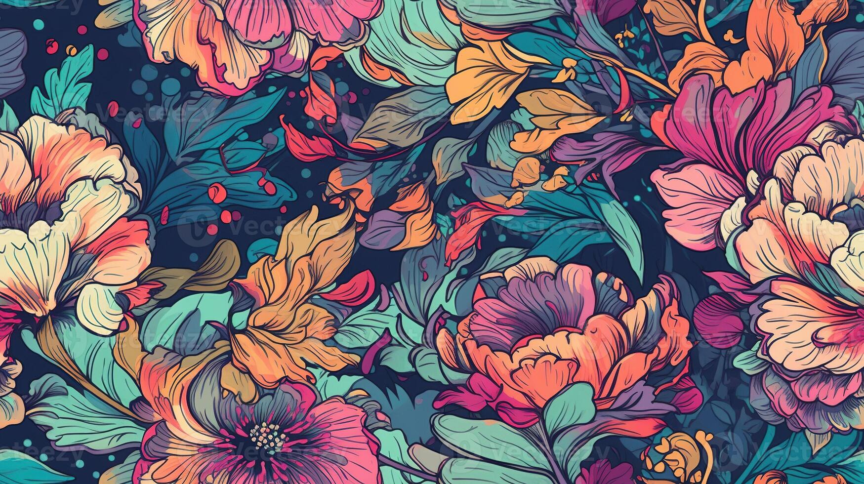 , Floral colorful seamless pattern. Lisa Frank and James Jean inspired natural plants and flowers background, Psychedelic illustration. Foliage ornament. photo