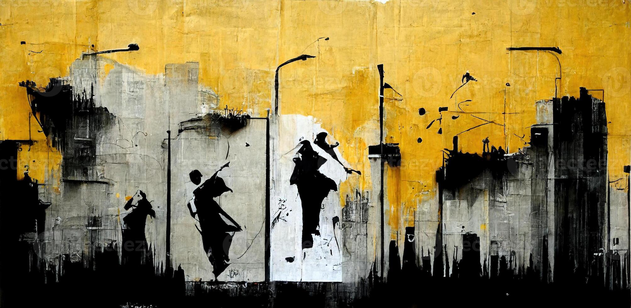 , Ink black street graffiti art on a textured paper vintage background, inspired by Banksy. photo