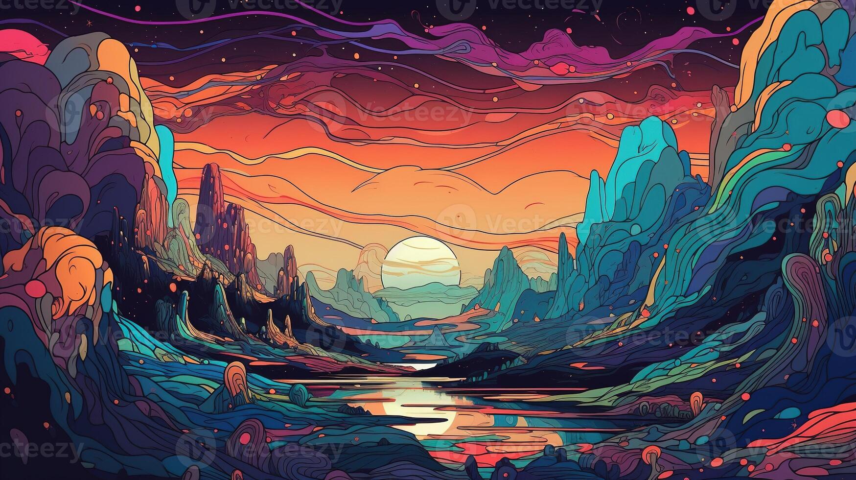 , Psychedelic Space banner template in anime manga line art style. Horizontal illustration of the future landscape with mountains, planets, trees, moon. Surrealist escapism concept. photo