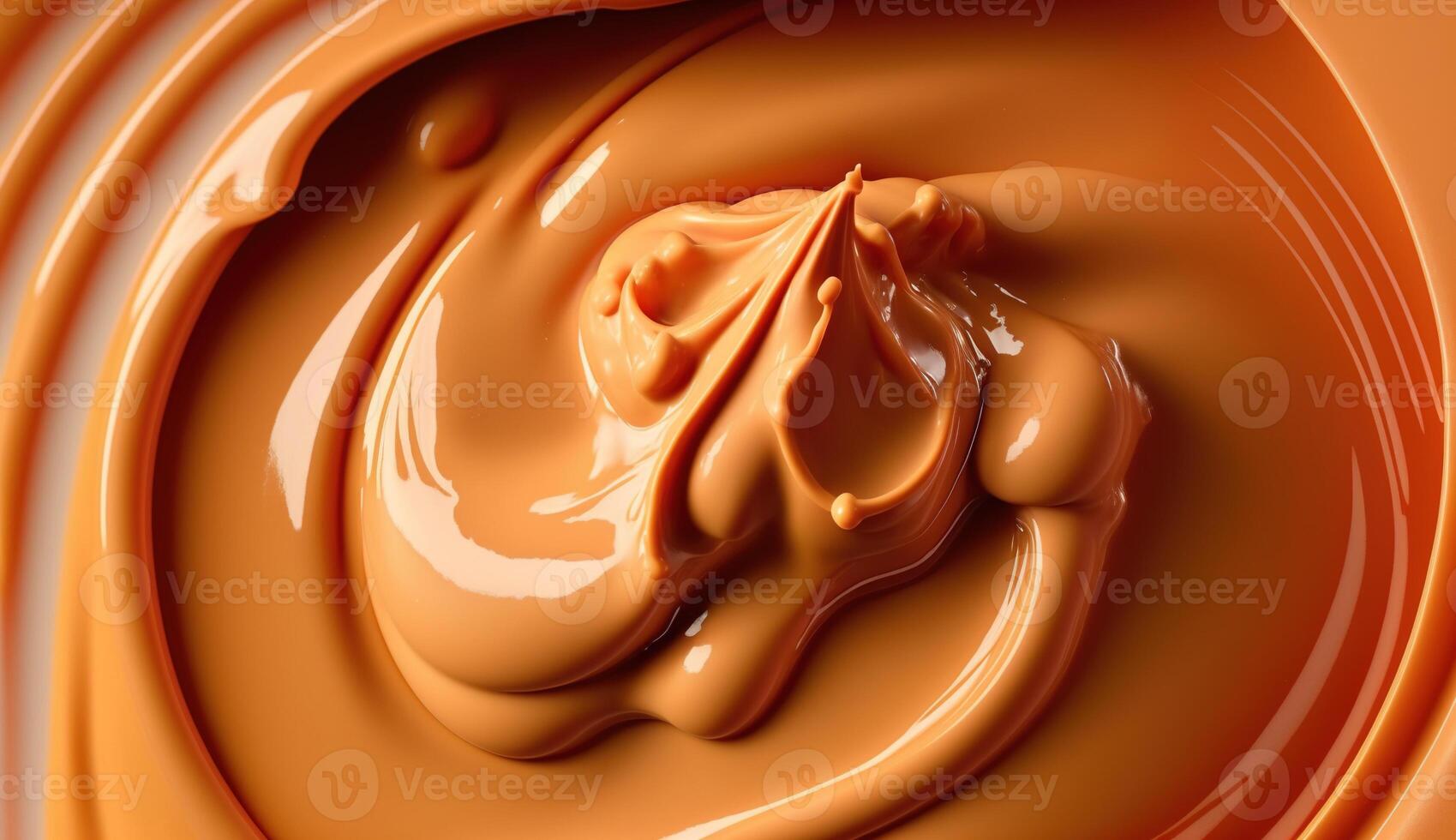 , Flowing liquid with splashes in apricot color. Glossy cream caramel fluid banner, 3D effect, modern macro photorealistic abstract background illustration. photo