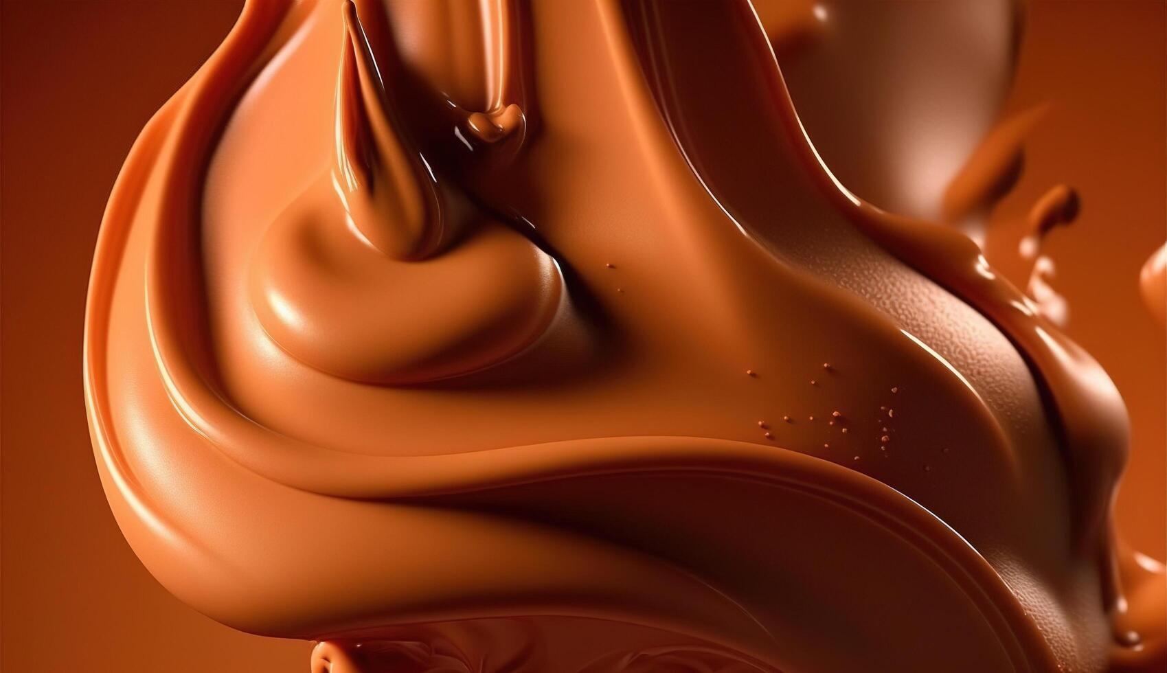 , Flowing liquid with splashes in apricot color. Glossy cream caramel fluid banner, 3D effect, modern macro photorealistic abstract background illustration. photo