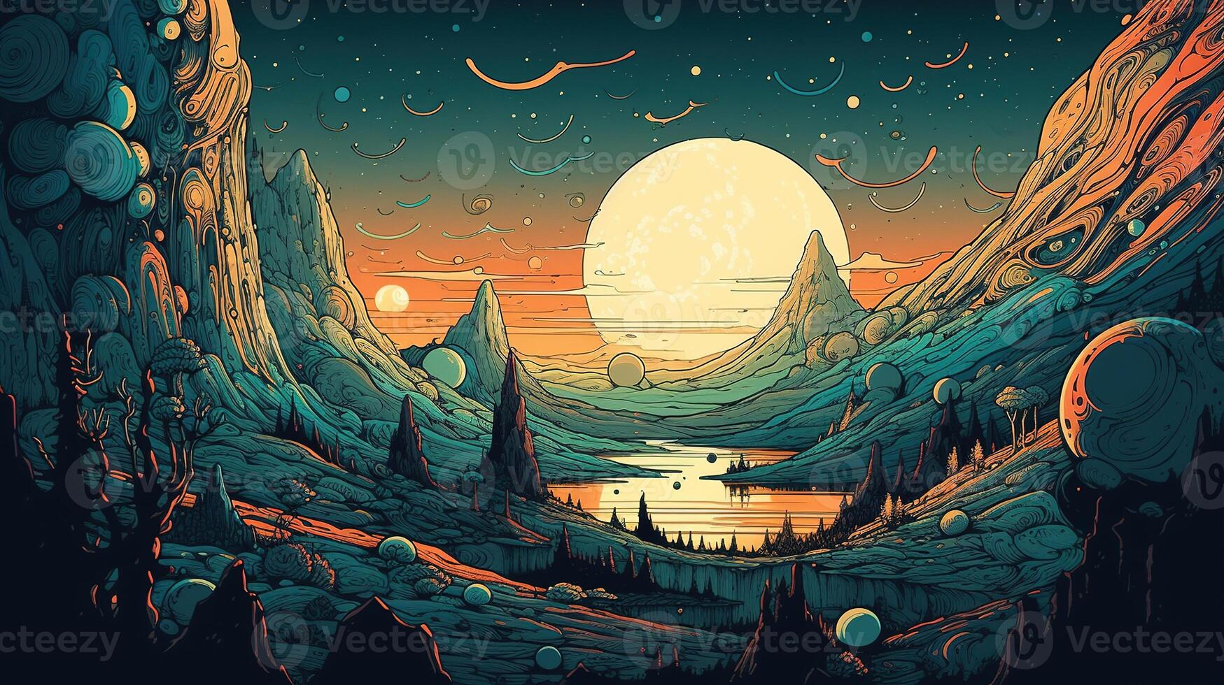 , Psychedelic Space banner template in anime manga line art style. Horizontal illustration of the future landscape with mountains, planets, trees, moon. Surrealist escapism concept. photo