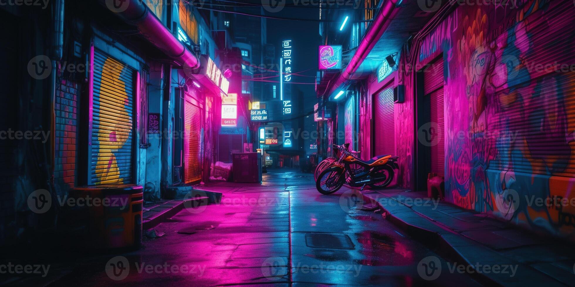 , Night scene of after rain city in cyberpunk style, futuristic nostalgic 80s, 90s. Neon lights vibrant colors, photorealistic horizontal illustration. photo