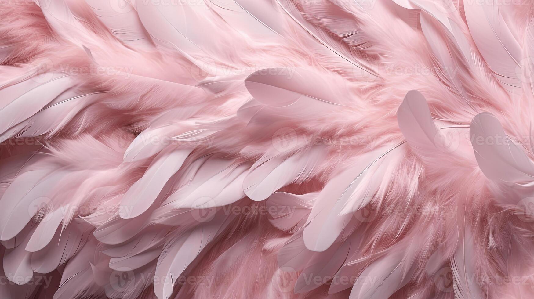 , Beautiful light pink closeup feathers, photorealistic background. Small fluffy pink feathers randomly scattered forming photo