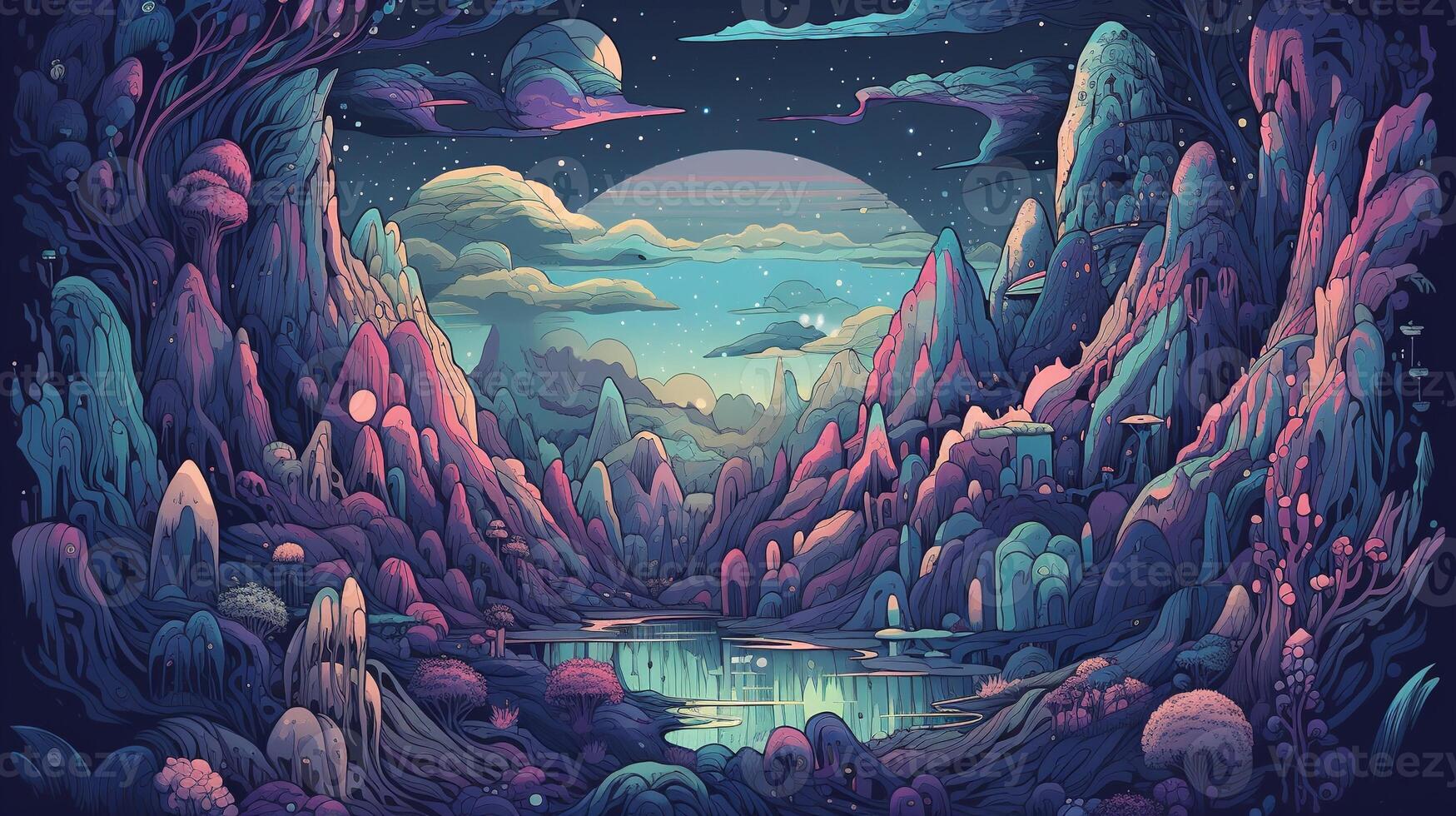 , Psychedelic Space banner template in anime manga line art style. Horizontal illustration of the future landscape with mountains, planets, trees, moon. Surrealist escapism concept. photo