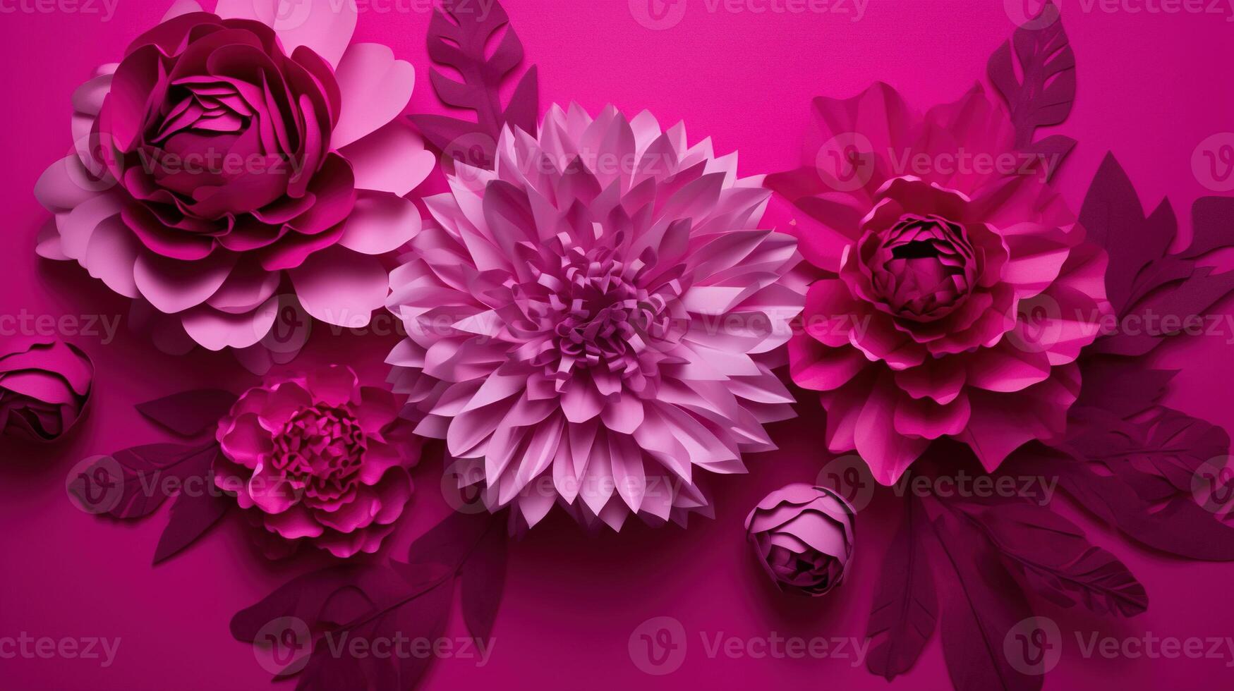 generativo ai, papel cortar arte flores y hojas, Viva magenta color, floral origami texturizado fondo, primavera humor. fotorrealista efecto. foto