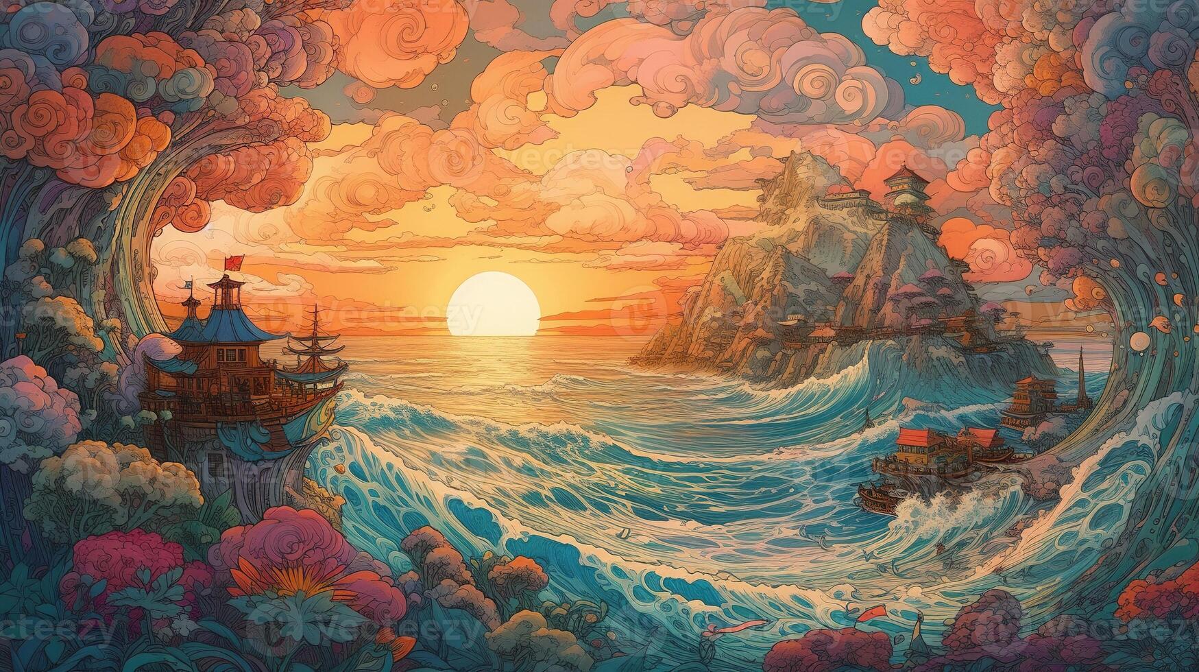 , ocean in the sunset linear illustration, psychedelic manga style, highly detailed. Anime colorful style photo