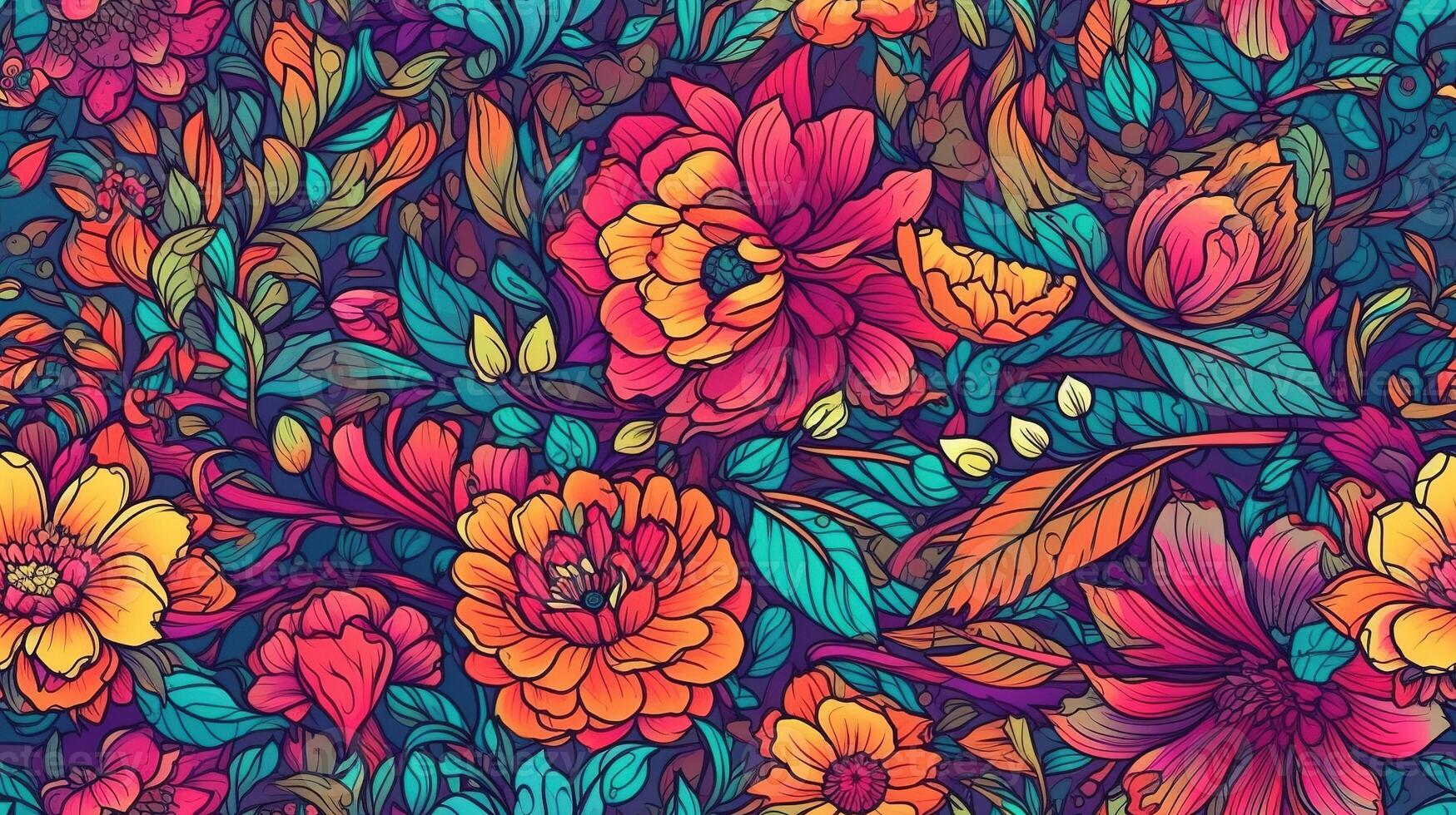 , Floral colorful seamless pattern. Lisa Frank and James Jean inspired natural plants and flowers background, Psychedelic illustration. Foliage ornament. photo