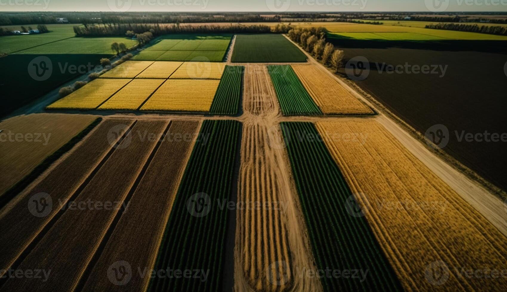 , Farm landscape, agricultural wheat fields, beautiful countryside, country road. Nature Illustration, photorealistic top view drone, horizontal banner. photo