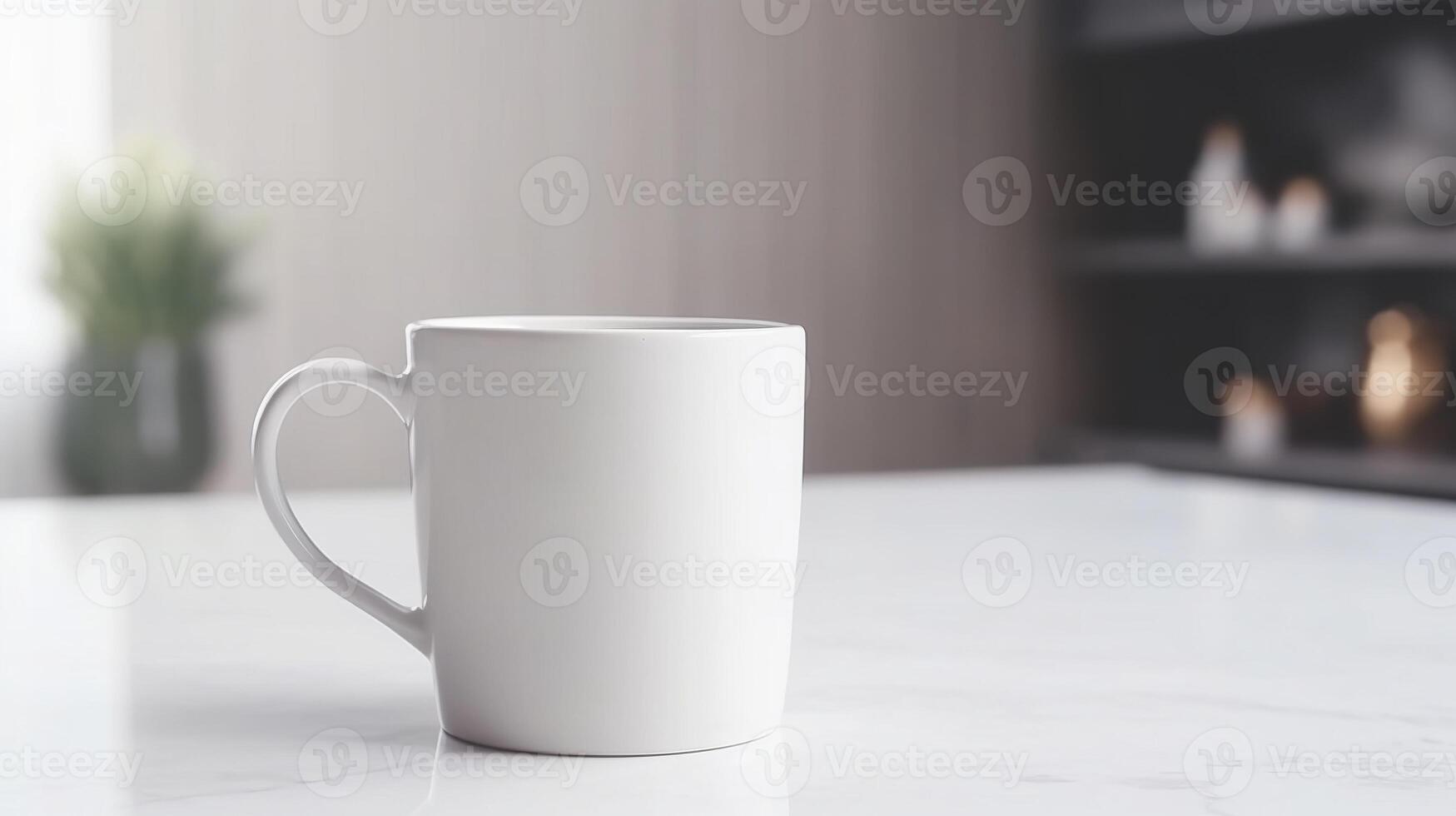 , White ceramic cup set-up in at home interior, mug mock up blank. photo