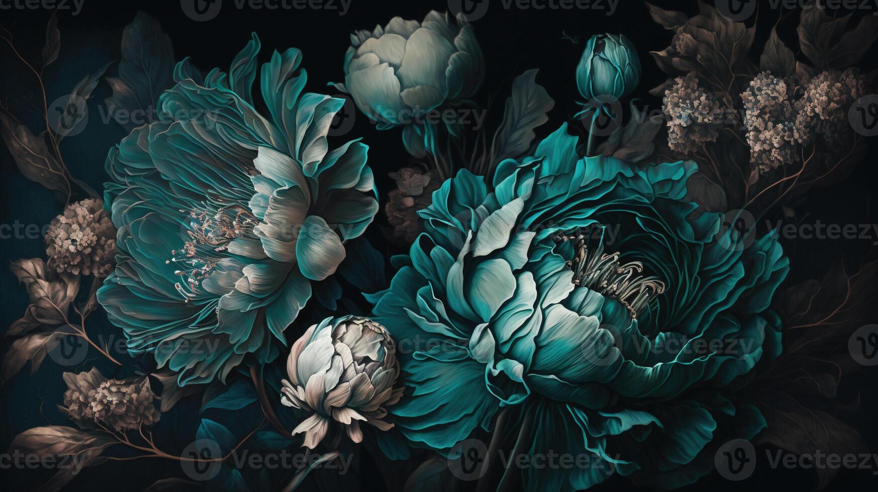 , Close up of blooming flowerbeds of amazing teal flowers on dark moody floral textured background. Photorealistic effect. photo