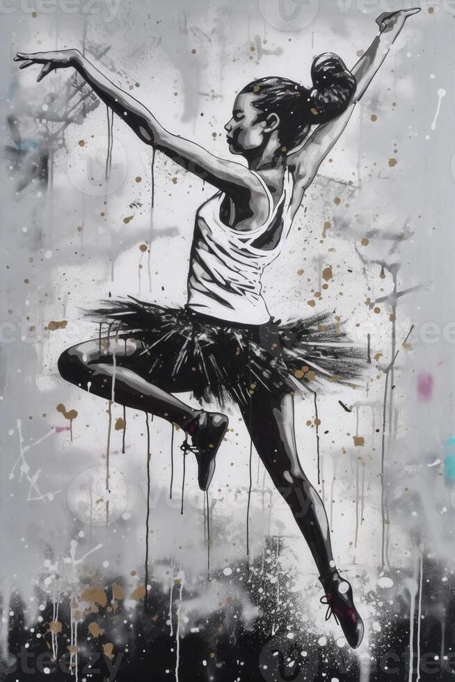 generativo ai, bailando mujer o chica, dinámica movimiento. tinta pintar vistoso salpicaduras calle pintada Arte en un texturizado papel Clásico fondo, inspirado por Banksy foto