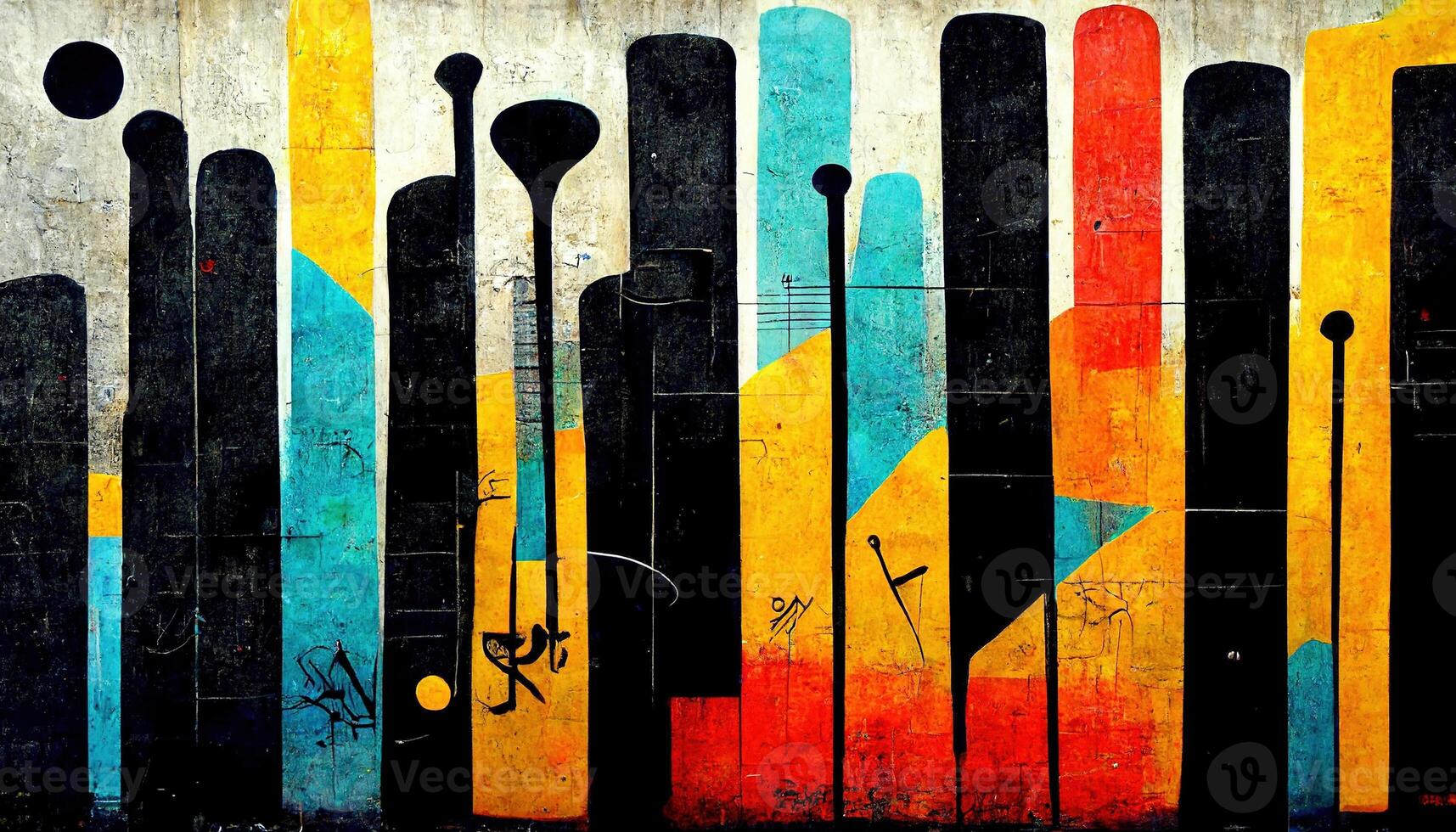 , Street art with keys and musical instruments silhouettes. Ink colorful graffiti art on a textured paper vintage background, inspired by Banksy photo