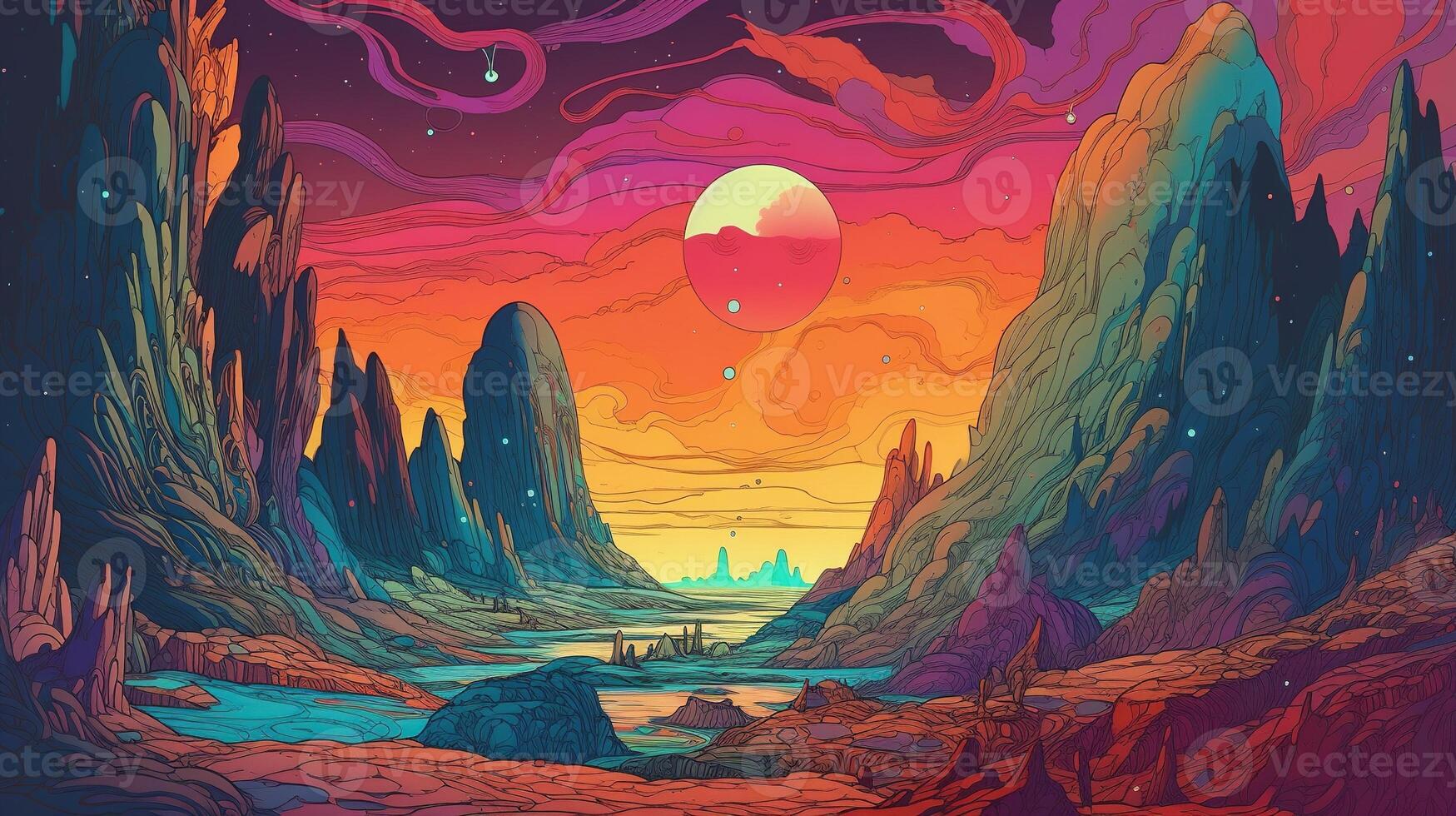 , Psychedelic Space banner template in anime manga line art style. Horizontal illustration of the future landscape with mountains, planets, trees, moon. Surrealist escapism concept. photo