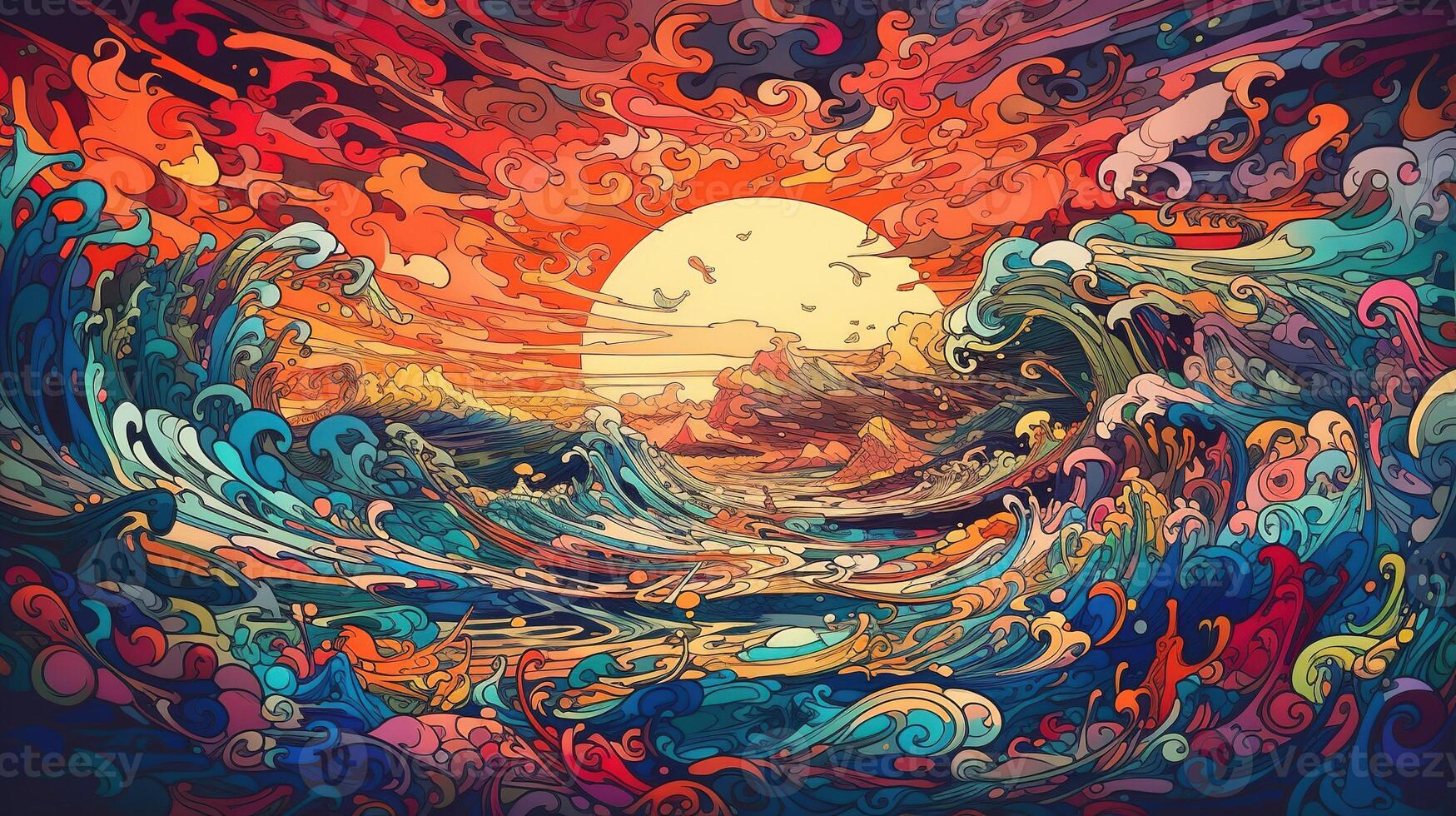 , ocean in the sunset linear illustration, psychedelic manga style, highly detailed. Anime colorful style photo