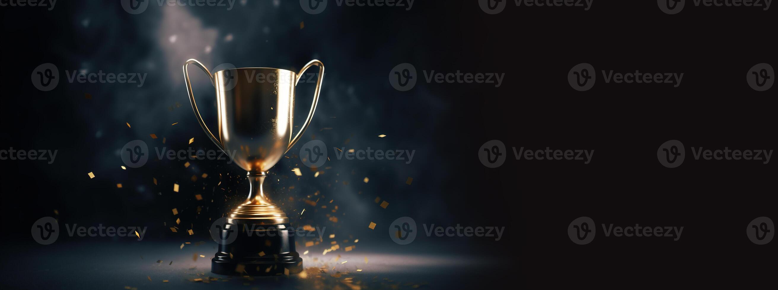 , Winner trophy with flames, golden champion cup with falling confetti on dark background photo