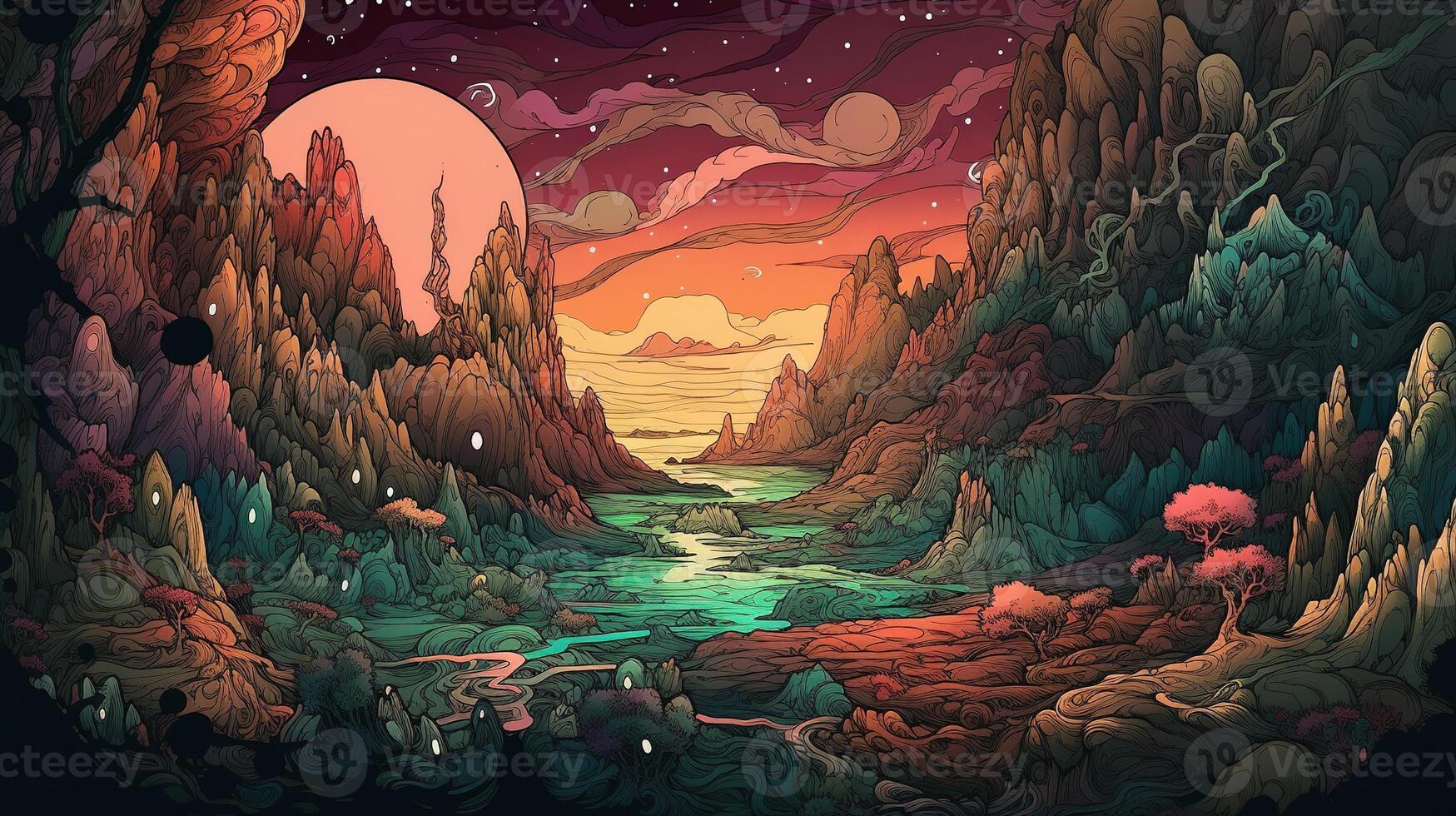 , Psychedelic Space banner template in anime manga line art style. Horizontal illustration of the future landscape with mountains, planets, trees, moon. Surrealist escapism concept. photo