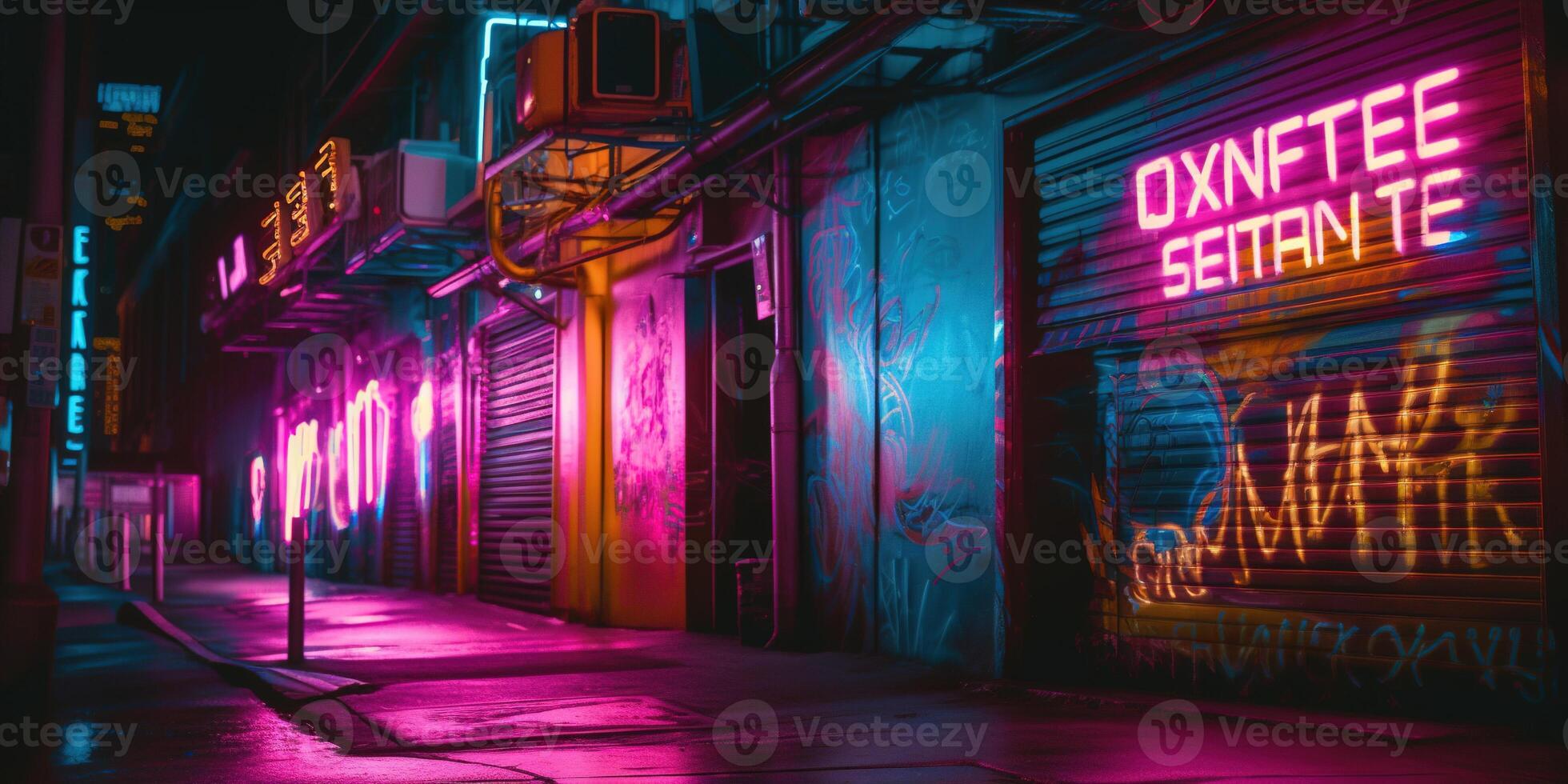 , Night scene of after rain city in cyberpunk style, futuristic nostalgic 80s, 90s. Neon lights vibrant colors, photorealistic horizontal illustration. photo