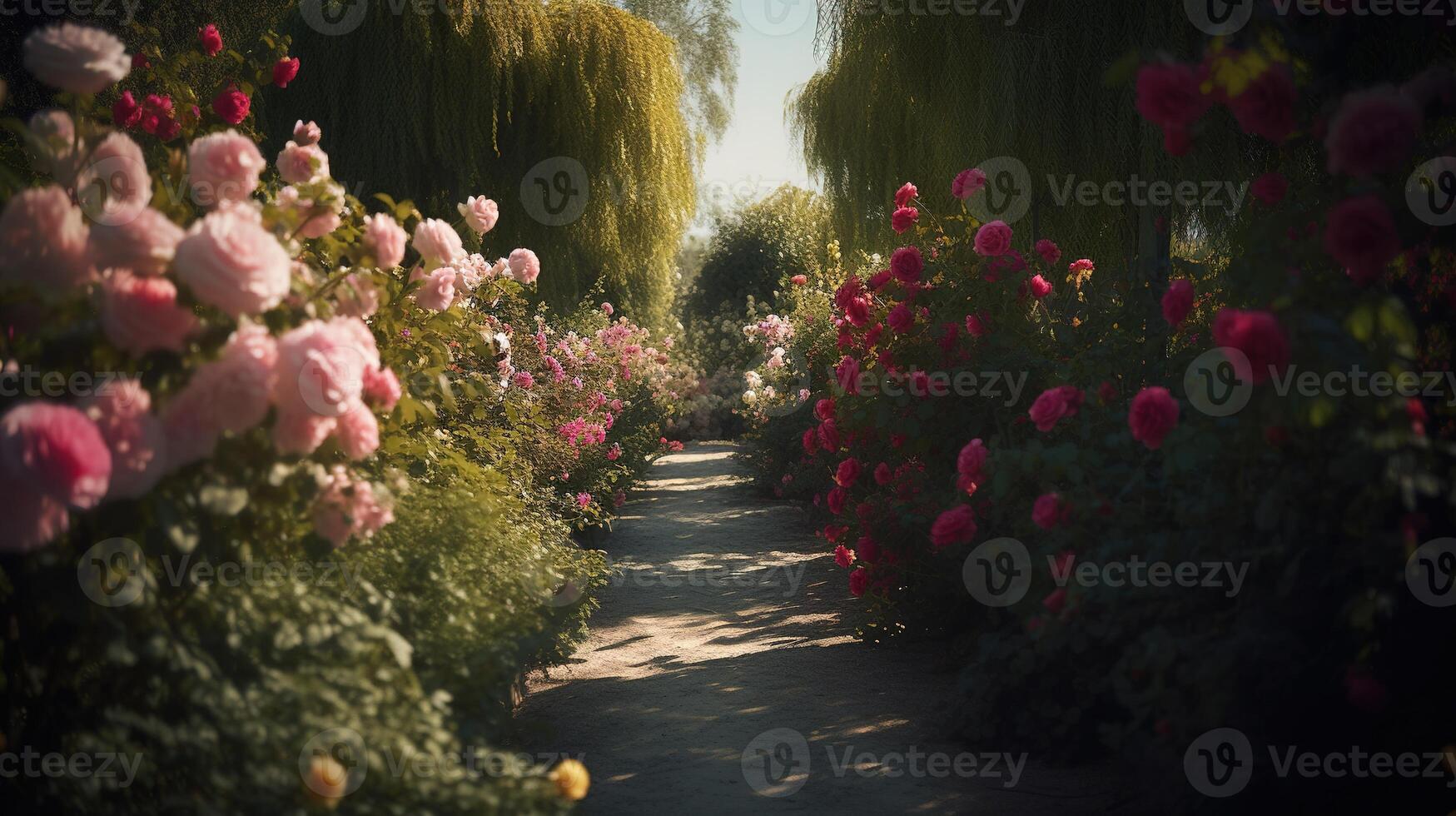 generativo ai, hermosa verano privado jardín con muchos flores y plantas, naturaleza paisaje, Inglés campo cabaña estilo foto