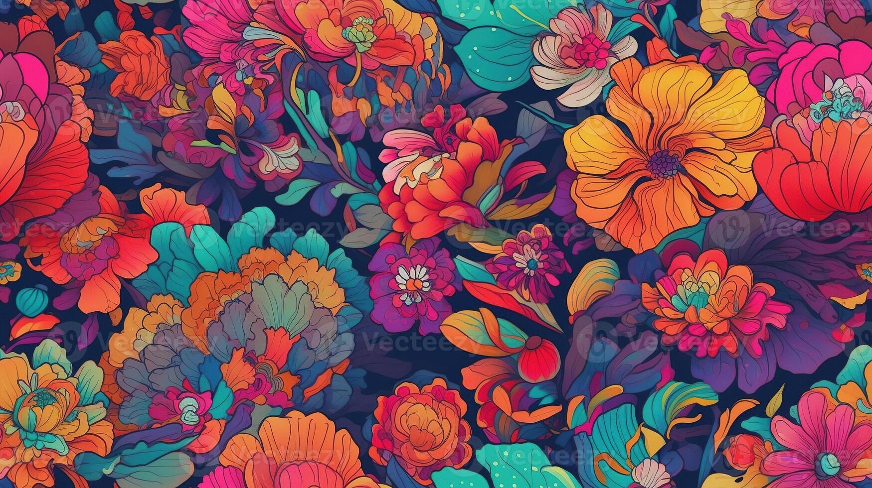 , Floral colorful seamless pattern. Lisa Frank and James Jean inspired natural plants and flowers background, Psychedelic illustration. Foliage ornament. photo