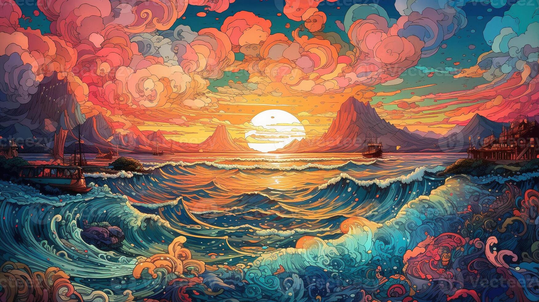 , ocean in the sunset linear illustration, psychedelic manga style, highly detailed. Anime colorful style photo