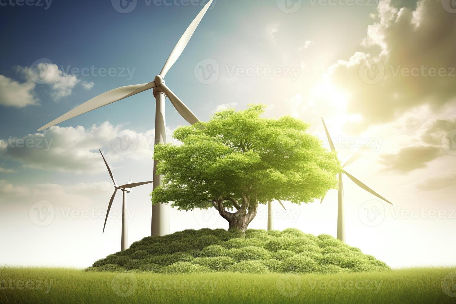 generativo ai, viento turbinas en un campo, verde granja paisaje. ambientalmente Respetuoso del medio ambiente poder generación. renovable energía fuente. foto