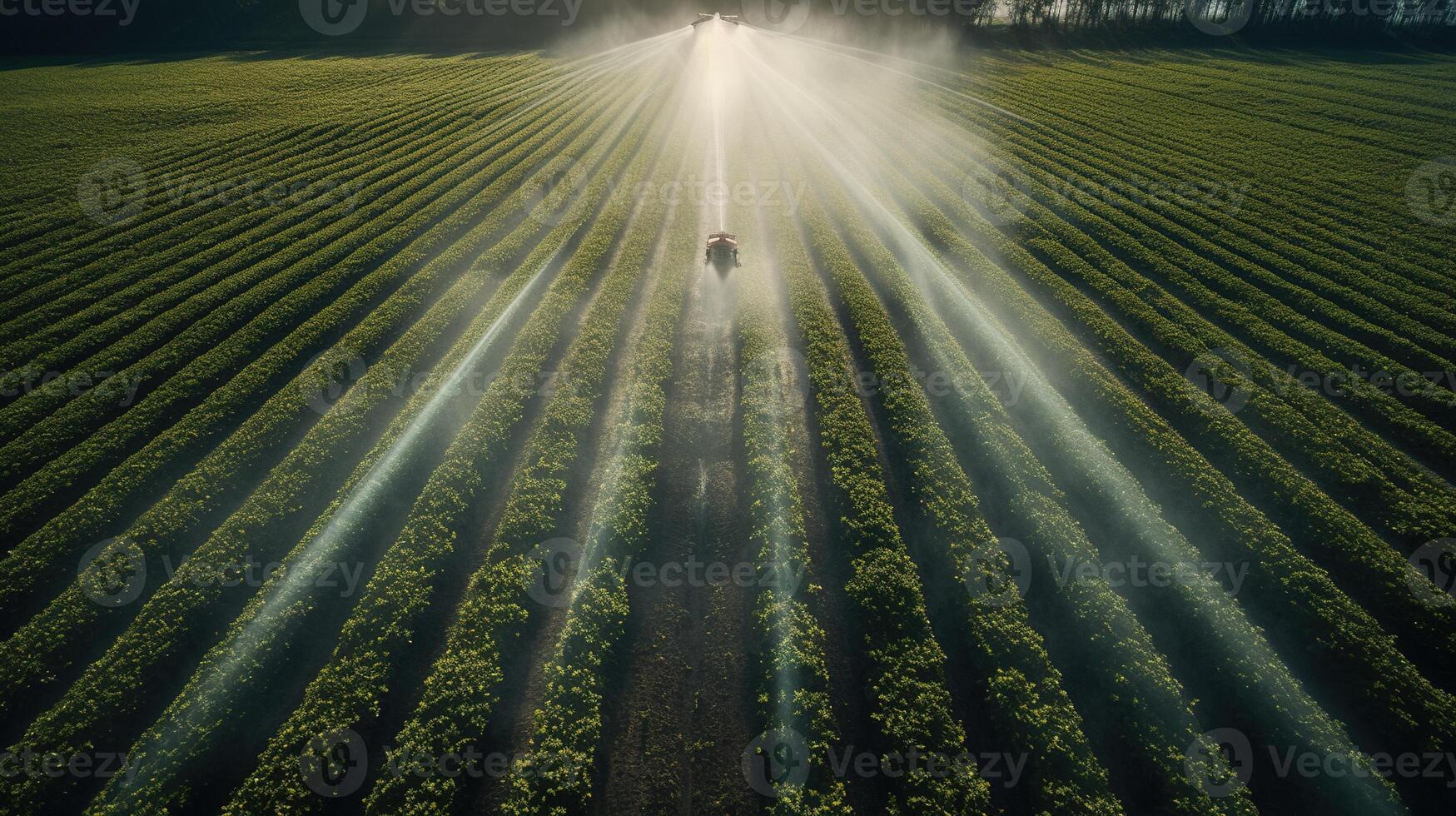 generativo ai, granja agricultura regado o pesticidas rociar verde campos. irrigación equipo sistema, aéreo ver foto