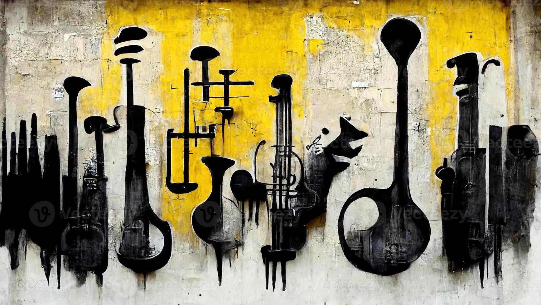 , Abstract Street art with keys and musical instruments silhouettes. Ink colorful graffiti art on a textured paper vintage background, inspired by Banksy photo