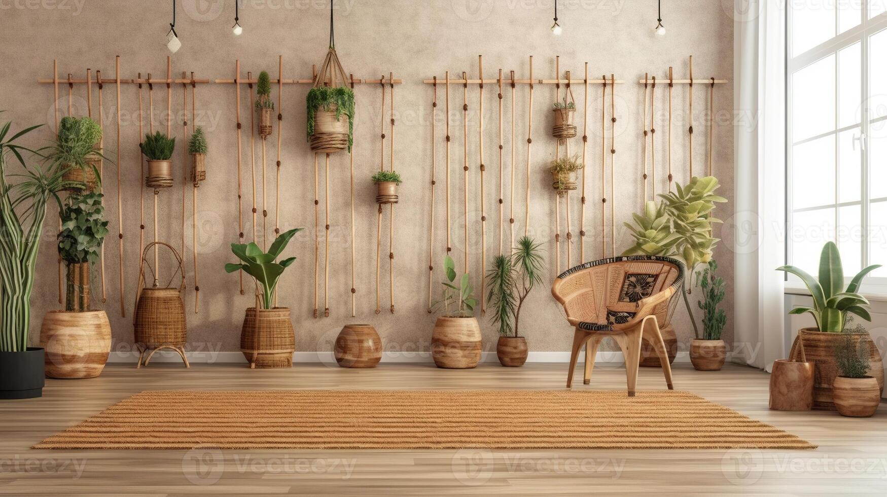 , Eco wooden room with plants with natural furniture, boho ethnic chic style interior design photo