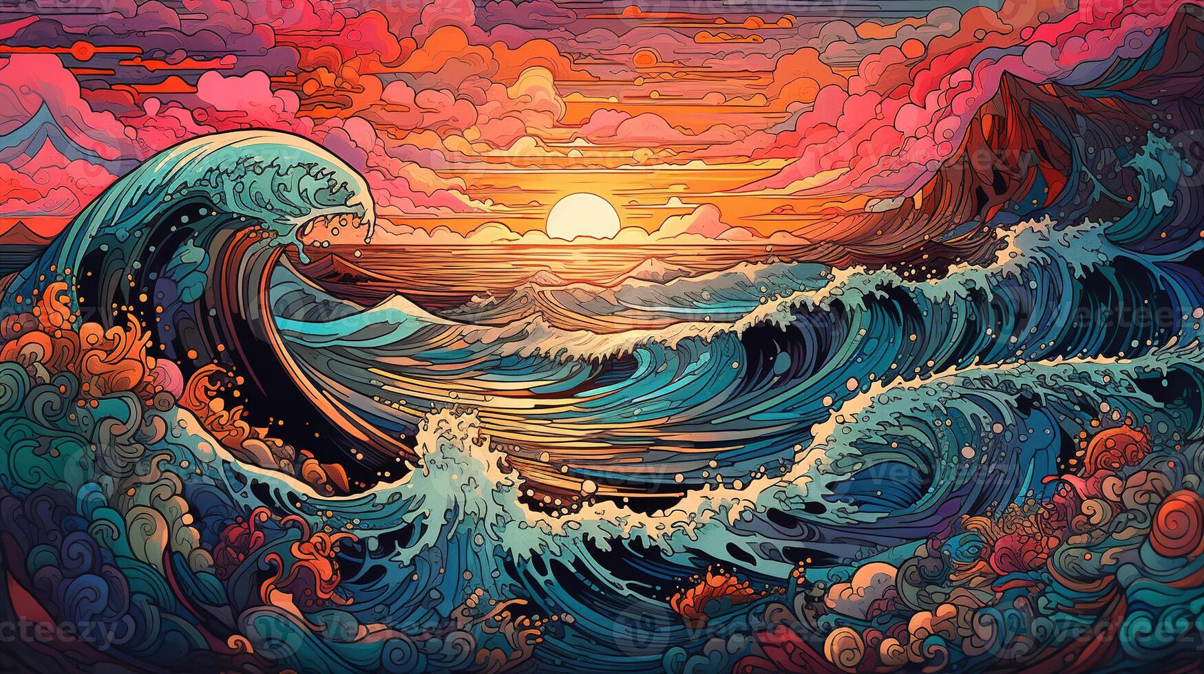 , ocean in the sunset linear illustration, psychedelic manga style, highly detailed. Anime colorful style photo