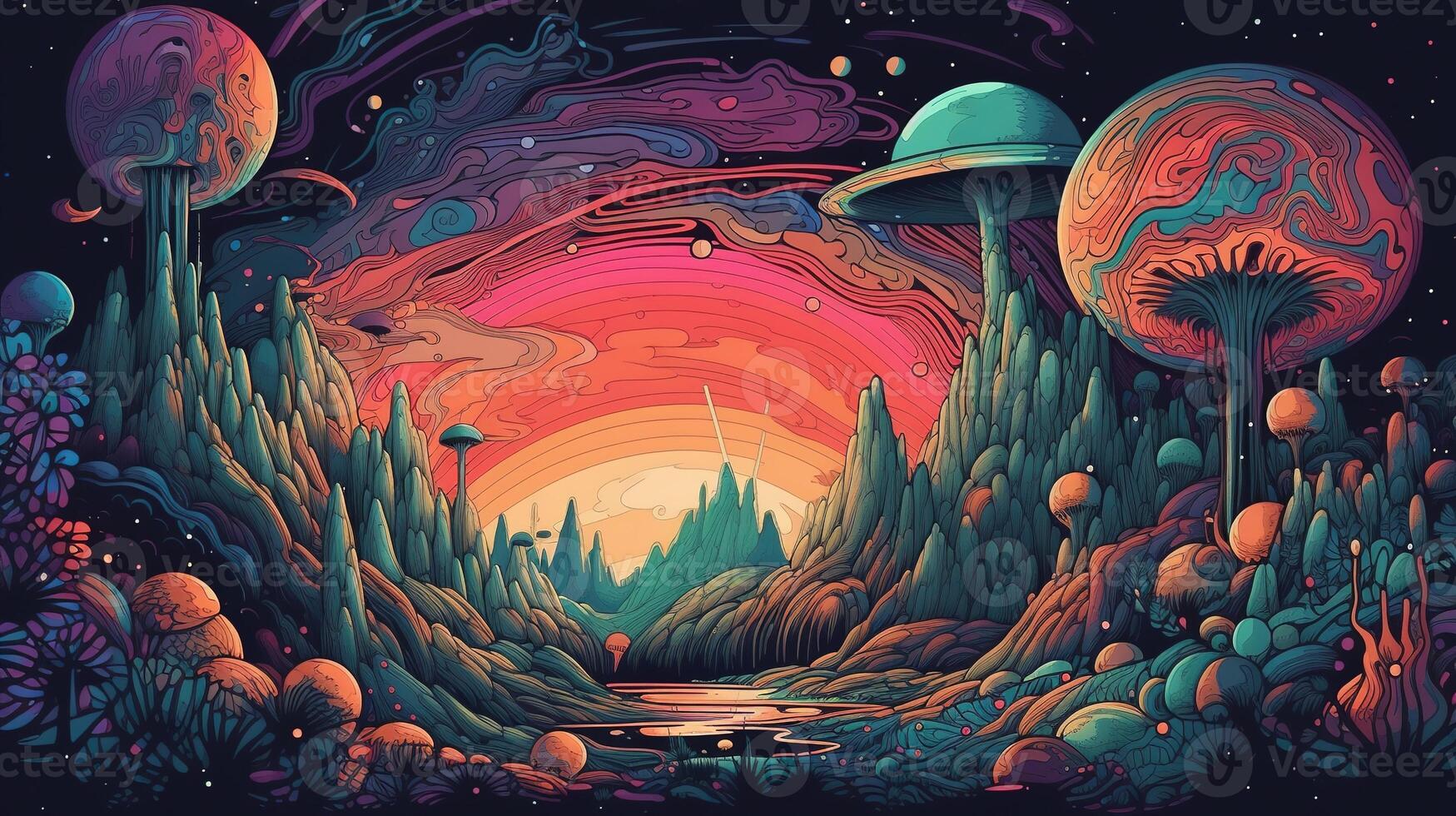 , Psychedelic Space banner template in anime manga line art style. Horizontal illustration of the future landscape with mountains, planets, trees, moon. Surrealist escapism concept. photo