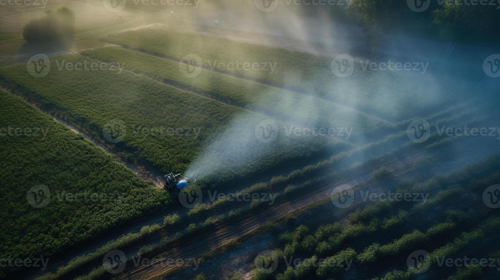 , Farm agriculture watered or pesticides spray green fields. Irrigation equipment system, aerial view photo