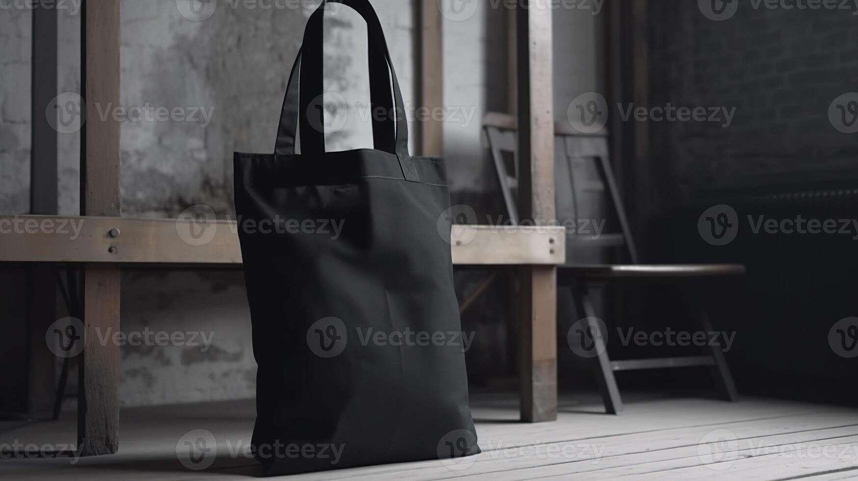 , Realistic black tote canvas fabric bag set-up in at interior or outdoor, shopper mock up blank. photo