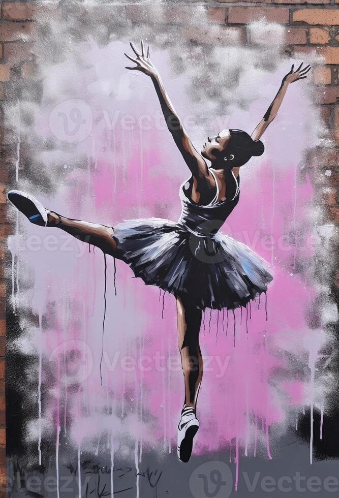 Generative AI, Dancing woman or girl, dynamic motion. Ink paint colorful splashes street graffiti art on a textured paper vintage background, inspired by Banksy. photo