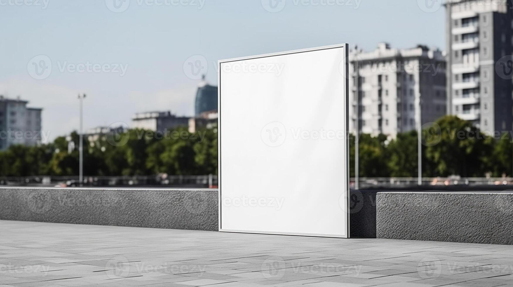 generativo ai, realista calle grande cartelera o póster burlarse de arriba blanco para presentación publicidad. al aire libre firmar blanco en el futurista ciudad, negocio concepto foto