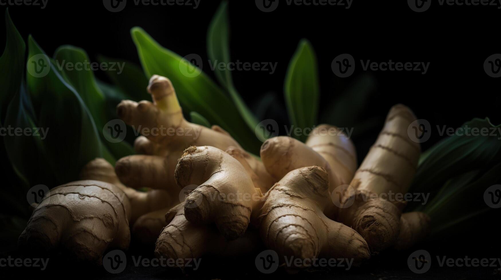 , ginger root spice photorealistic illustartion on dark background. photo