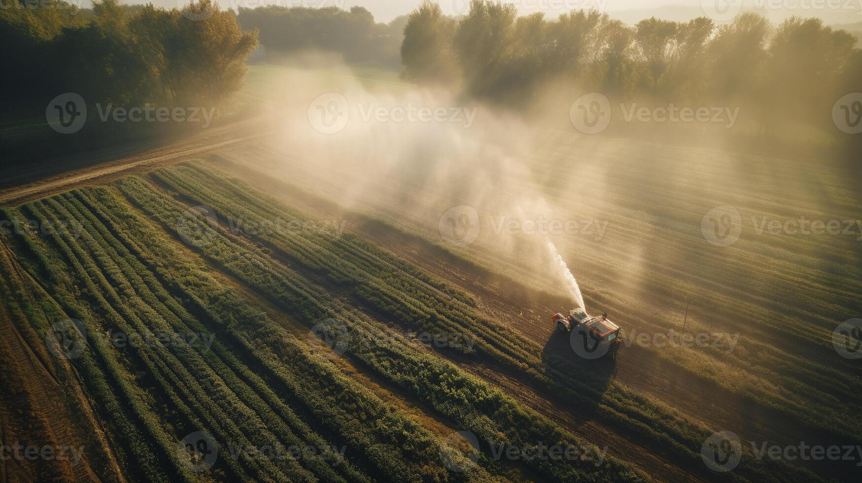 , Farm agriculture watered or pesticides spray green fields. Irrigation equipment system, aerial view photo