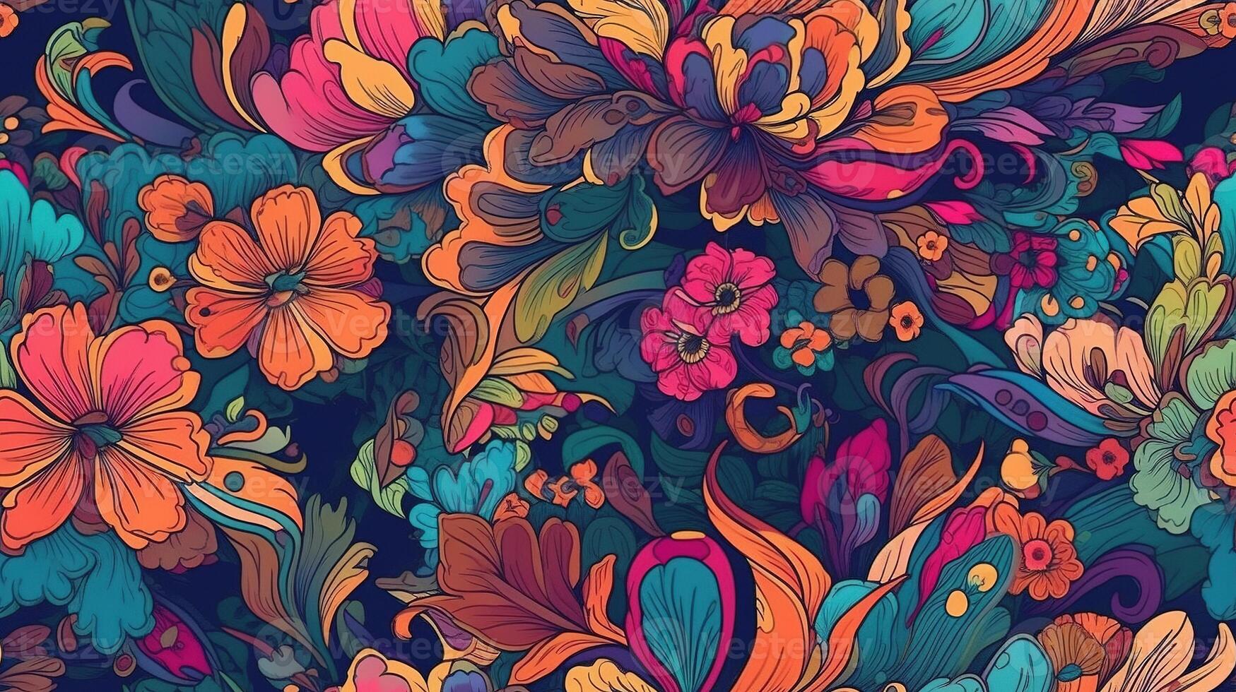 , Floral colorful seamless pattern. Lisa Frank and James Jean inspired natural plants and flowers background, Psychedelic illustration. Foliage ornament. photo